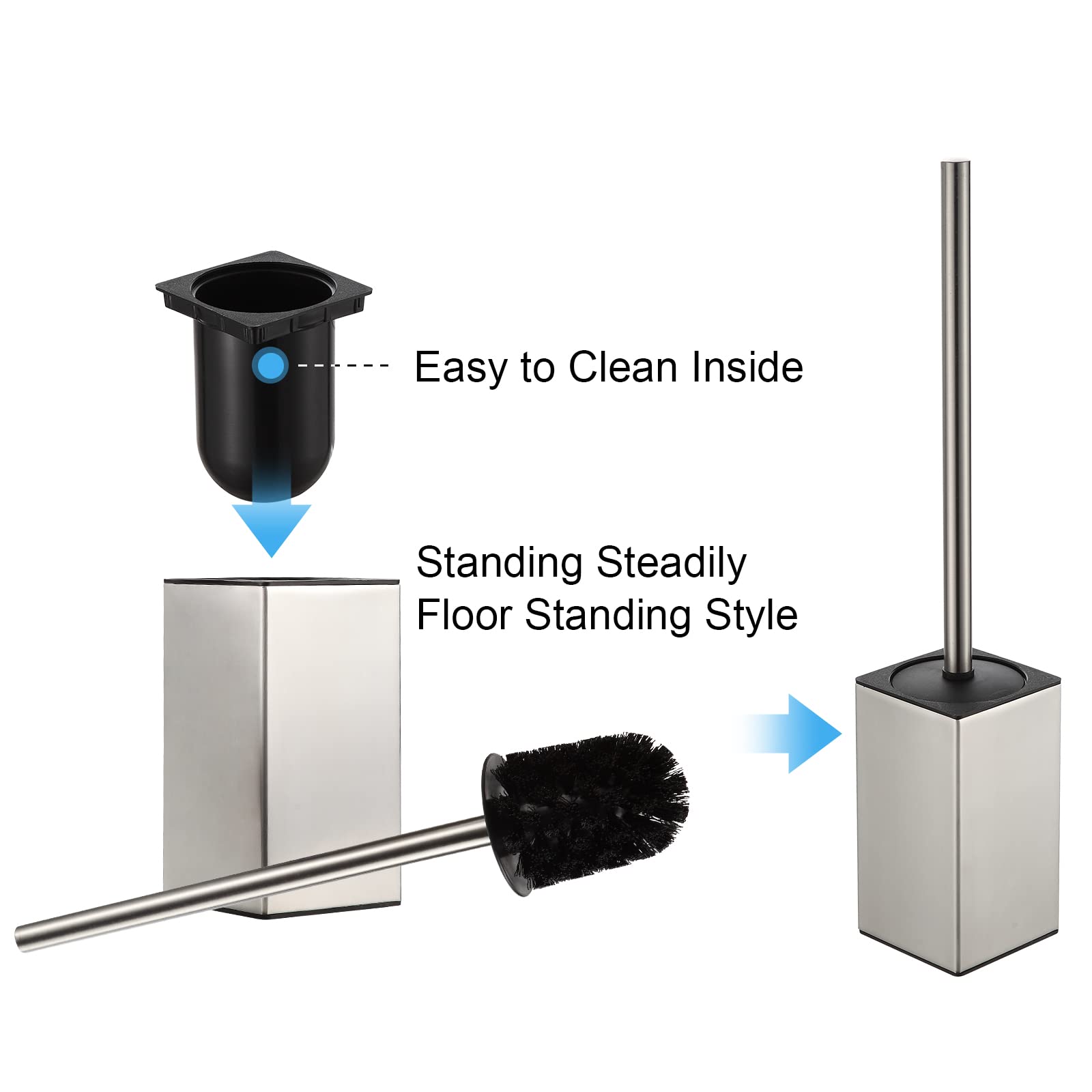 Toilet Brush Holder Stainless Steel 304 Standing Brushed Nickel Square Toilet Bowl Brush for Bathroom Storage and Organization