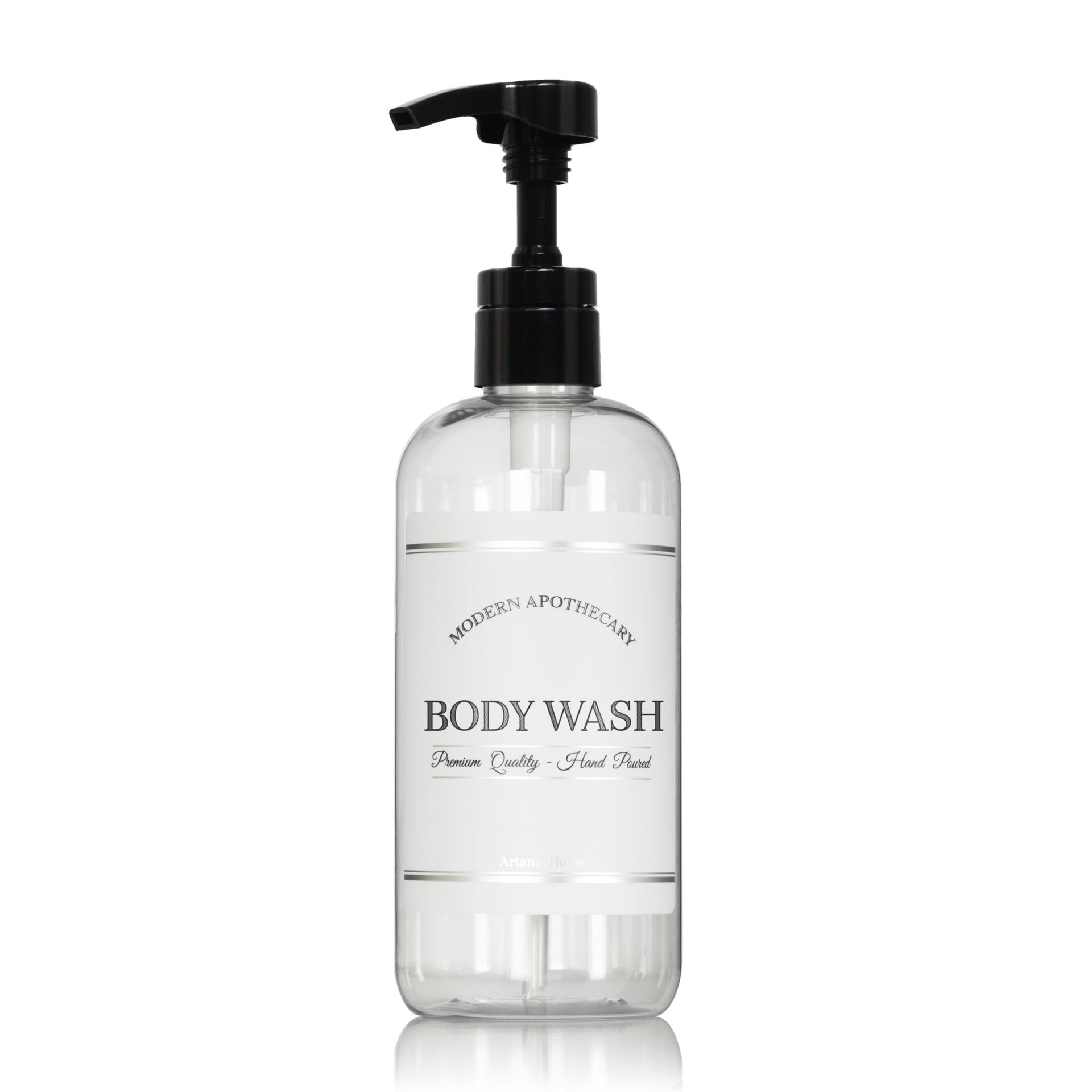 Refillable Clear PET Plastic 16 oz Body Wash Bottle with High Output Black Plastic Pump Dispenser