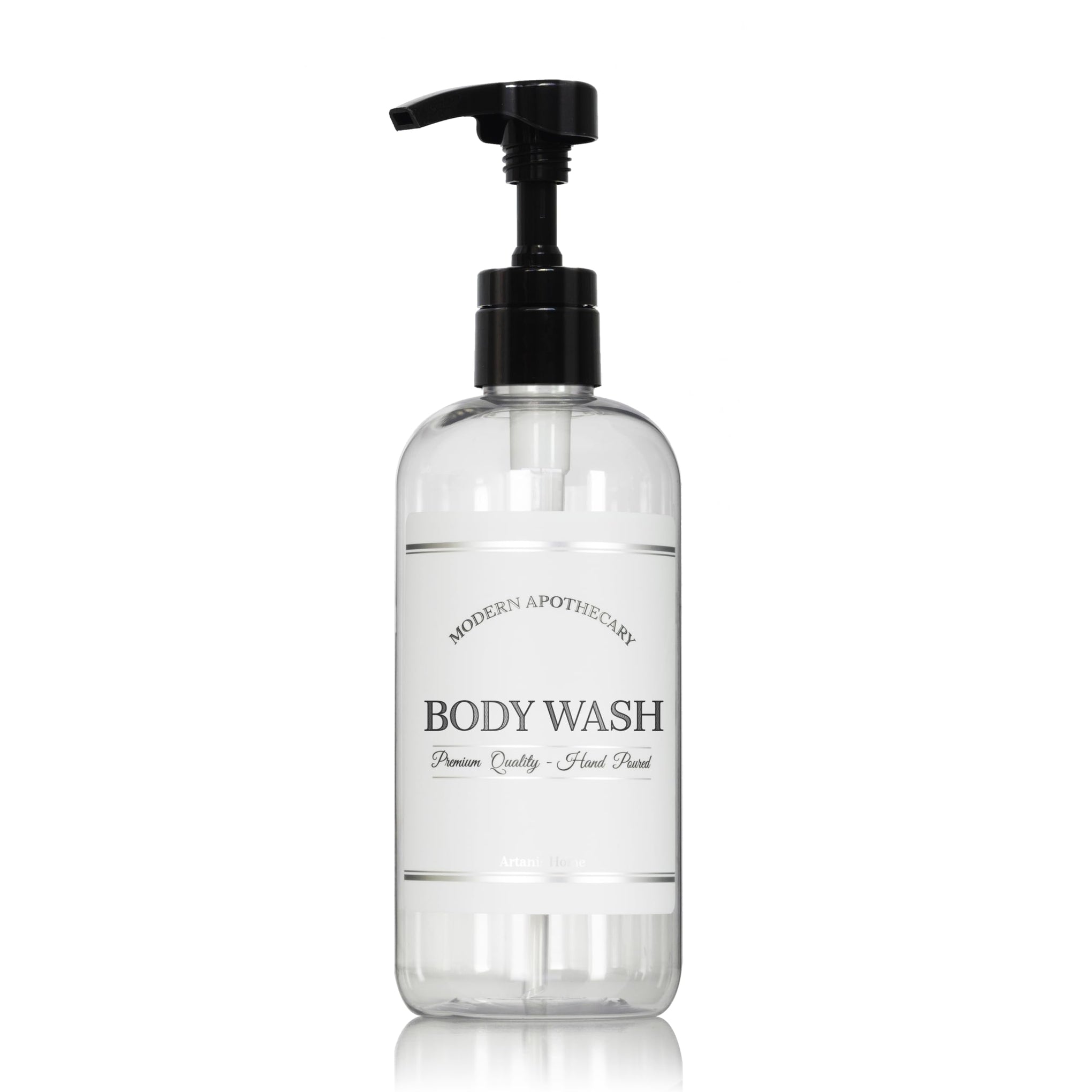 Refillable Clear PET Plastic 16 oz Body Wash Bottle with High Output Black Plastic Pump Dispenser