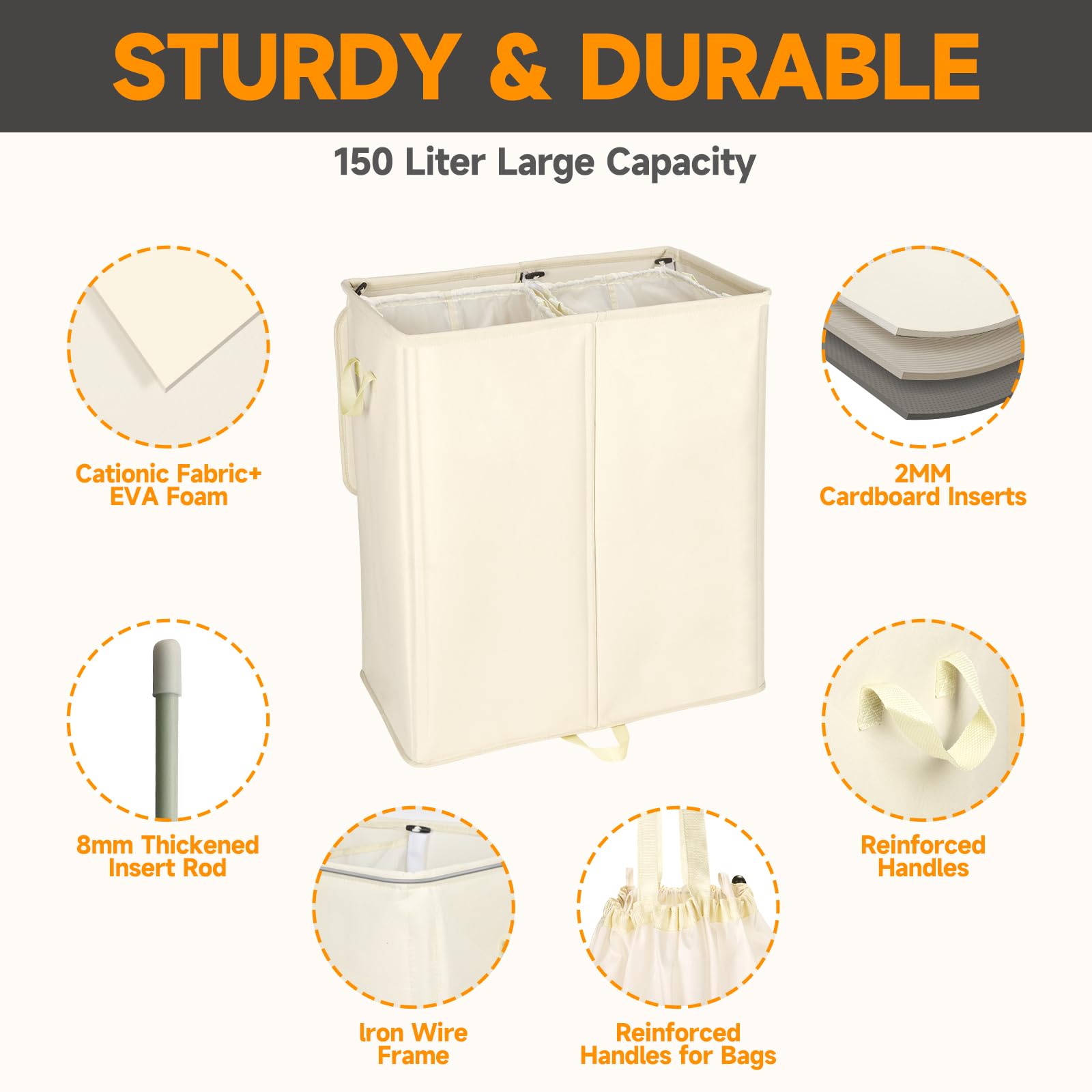 150L Double Laundry Hamper with Lid and Removable Bags