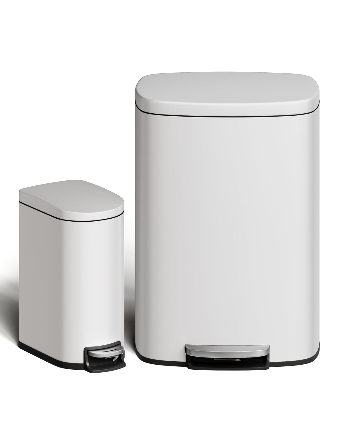 13 gal (50 L) and 2.6 gal (10 L) Metal Trash Can Combo Set, Rustproof Garbage Can with Lid, Step-on Trash Bin with Inner Bucket, Rear Handle, White