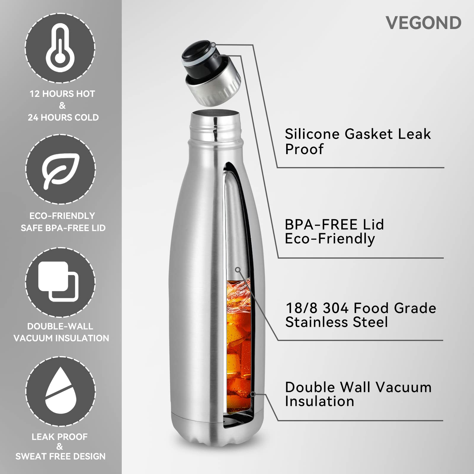 17oz Stainless Steel Water Bottles Bulk (8 Count)