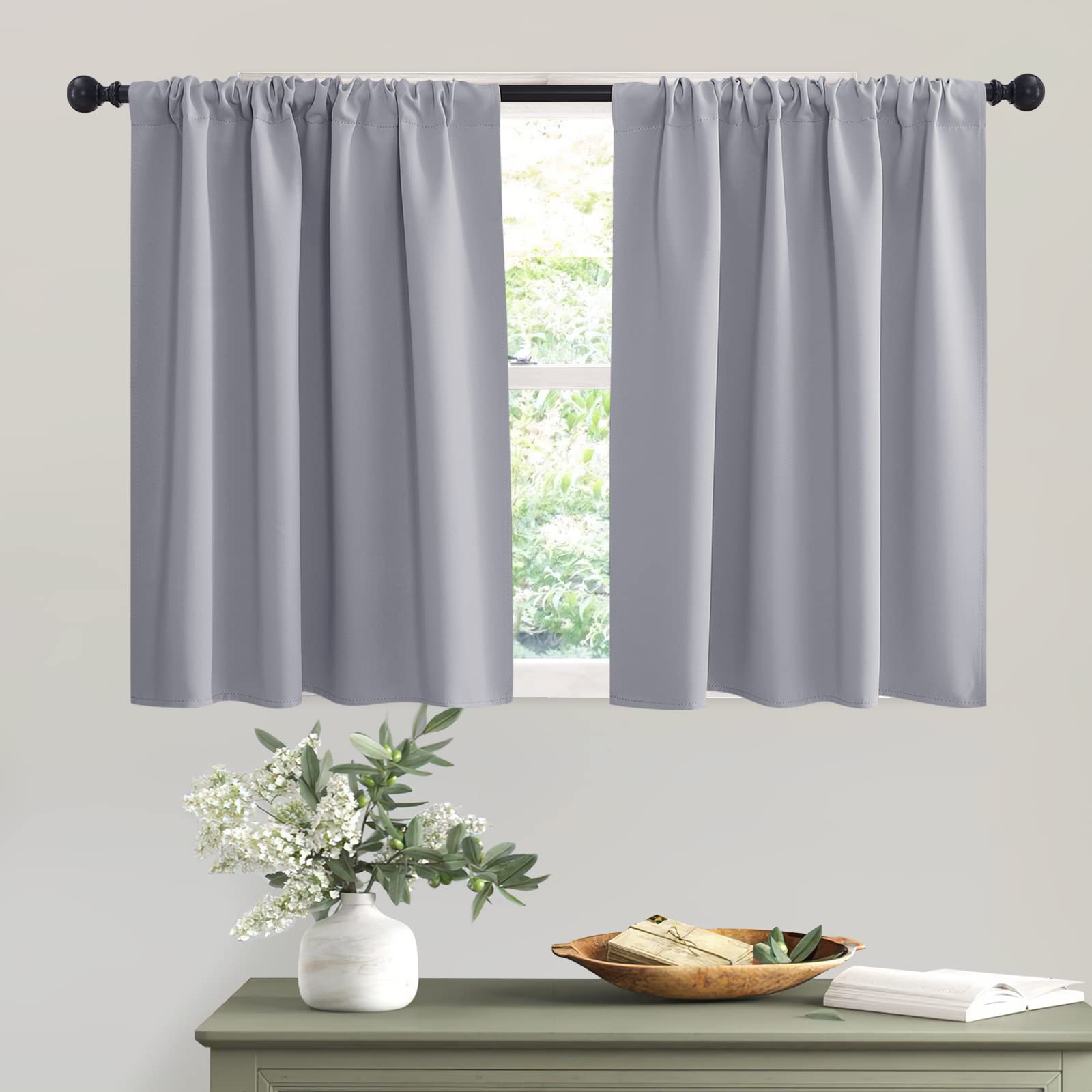 Short Silver Grey Blackout Curtains for Small Bedroom Window Cafe