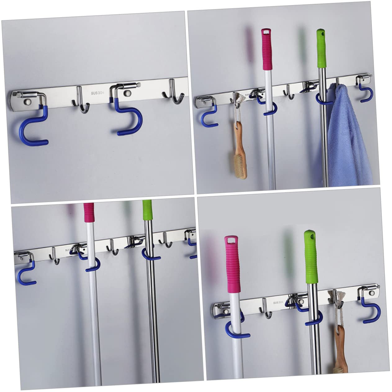 304 Stainless Steel Wall Mounted Mop Holder Heavy Duty Broom Gripper for Kitchen and Garden Adjustable Mop Hanger Easy Installation Space