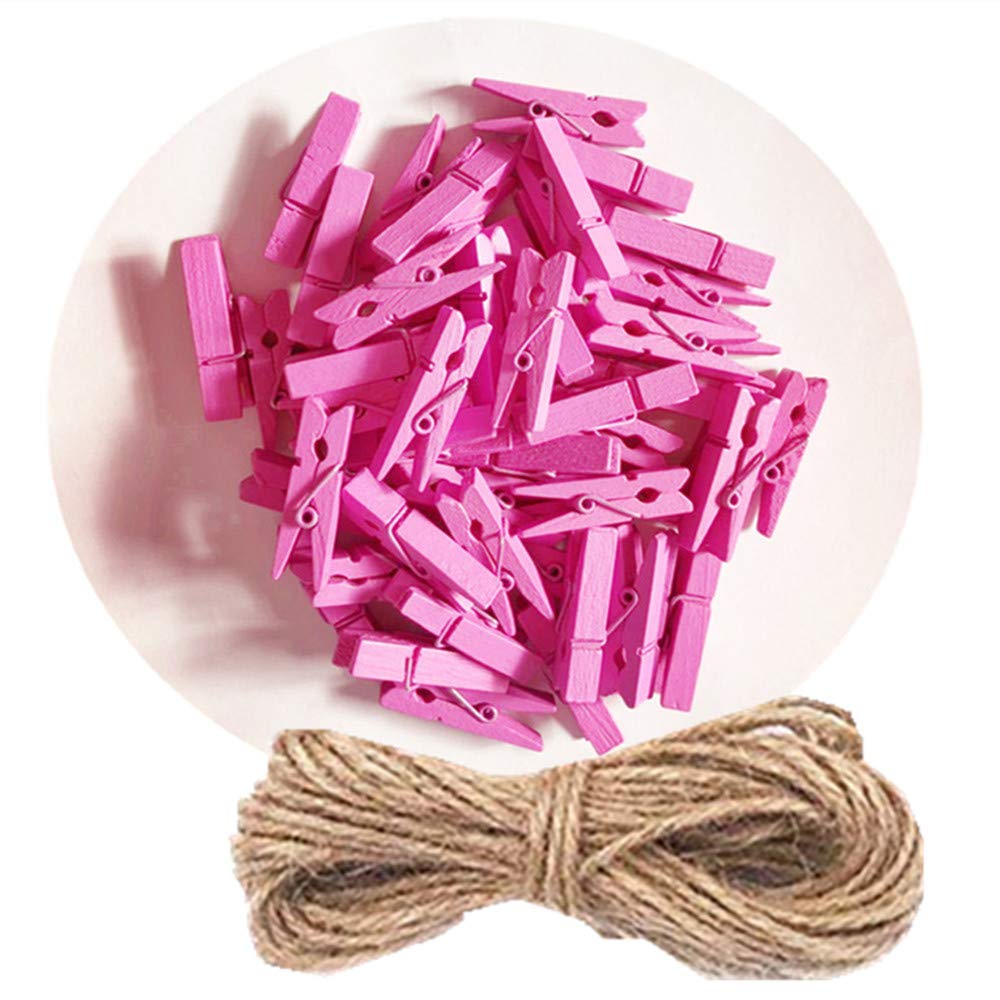 Small Wooden Clips Pictures Hanger with Twine Mini Colors Clothespins Attach Cards Wedding Party Decor Set of 50 Rose Red