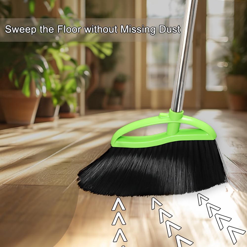 3 Packs Indoor Brooms Green Angle Broom Soft Bristles Long Handle for Hardwood Floor Sweeping (3 Count)