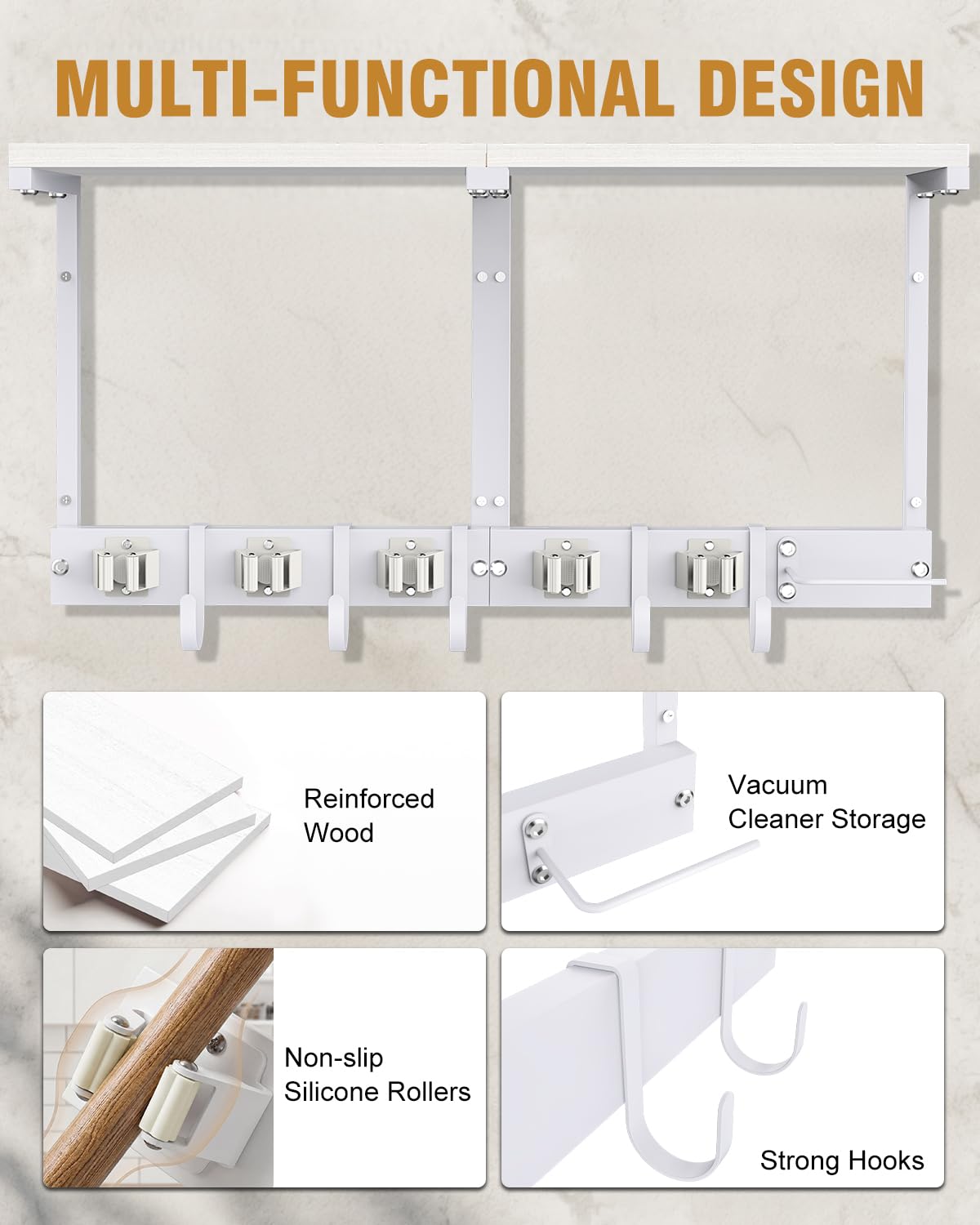 Large Broom Holder Wall Mount with Shelf