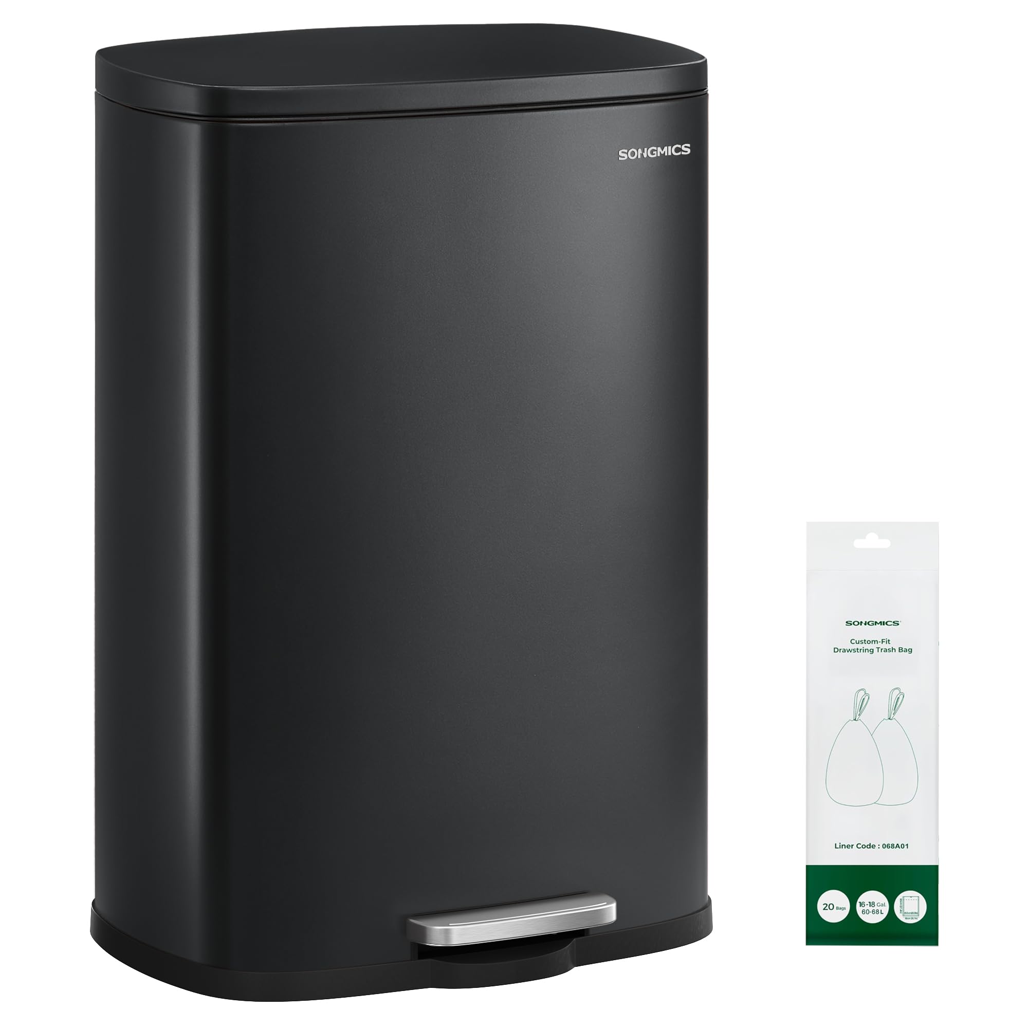 20-Gallon (75 L) Trash Can, Stainless Steel Kitchen Garbage Can, Recycling or Waste Bin, Soft Close, Step-On Pedal, Removable Inner Bucket, Black ULTB075BZ01