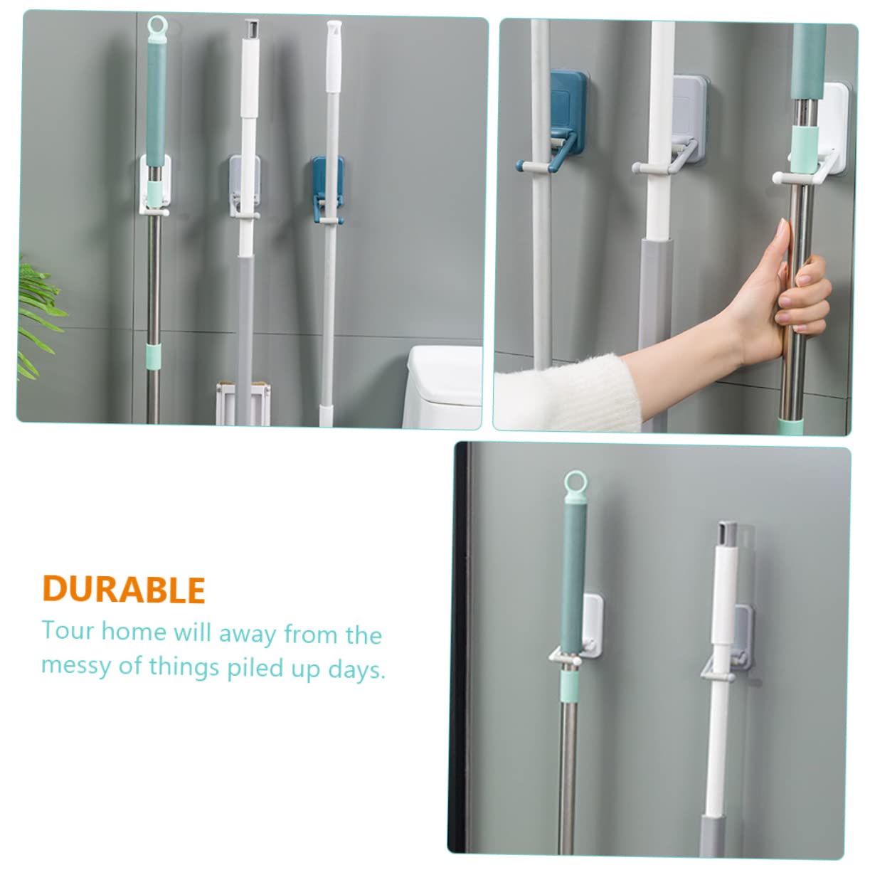 3pcs Punch Free Mop Hook Wall Mount Adhesive Broom Holder No Drilling Mop Organizer for Household Cleaning Sturdy and Convenient Grippers Random Color