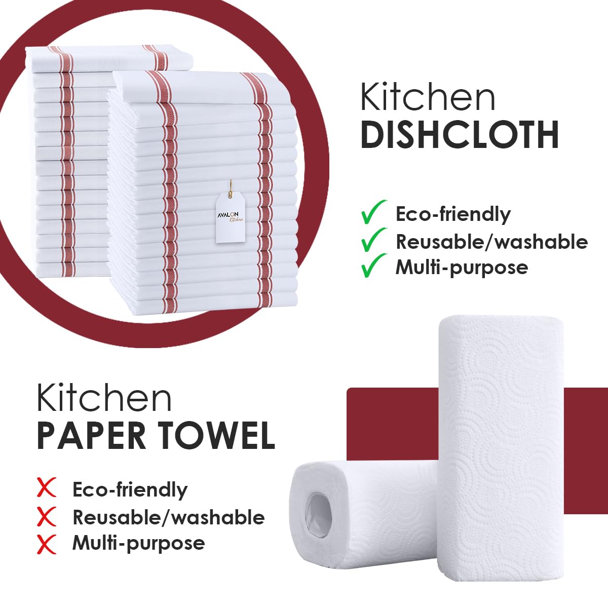 Dish Towels 30 Pack Red Stripe 100% Cotton Kitchen Towel 15x25 Inch Tea Towels (30 Count)