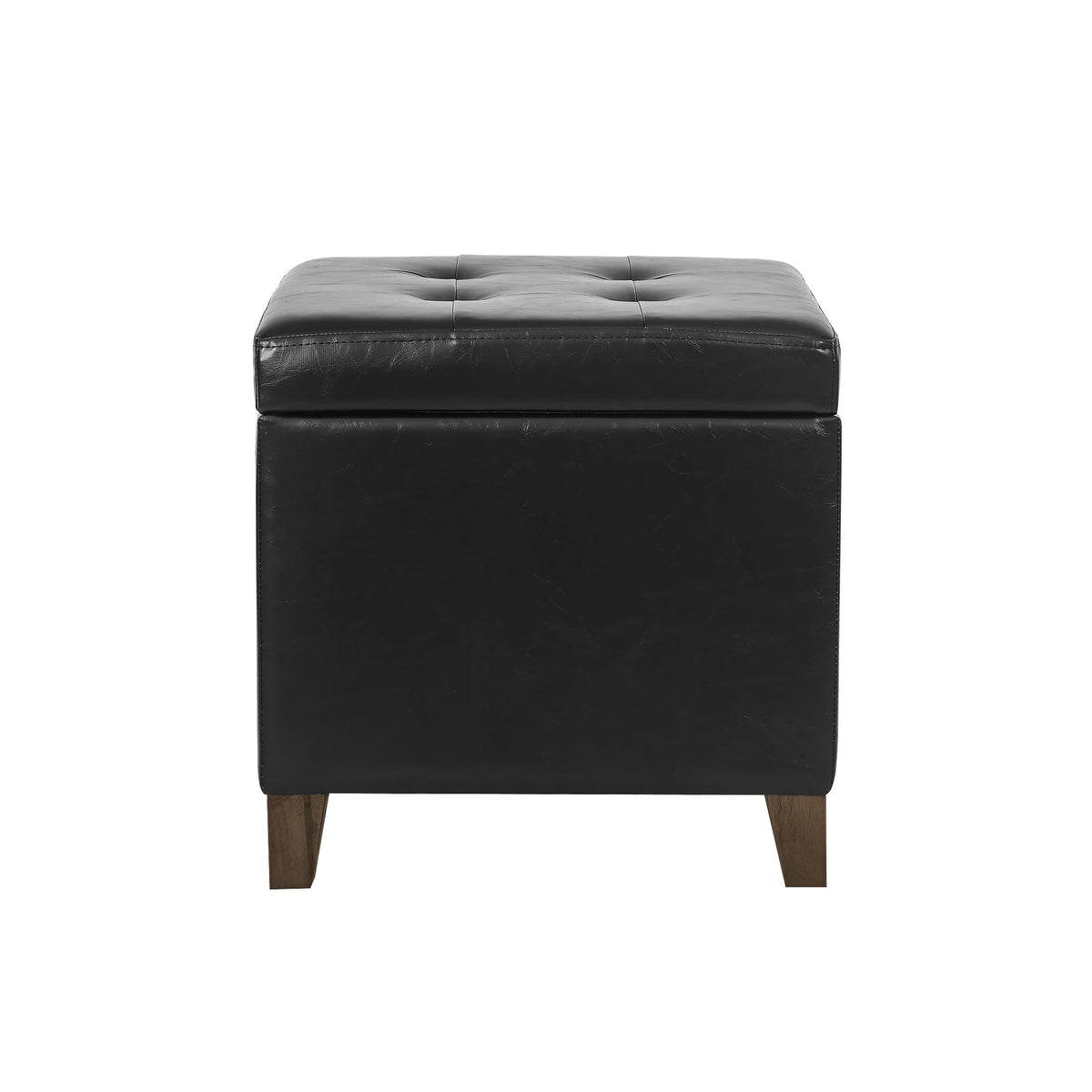 Black Faux Leather Storage Ottoman Bench with Tufted Top & Solid Wood Legs