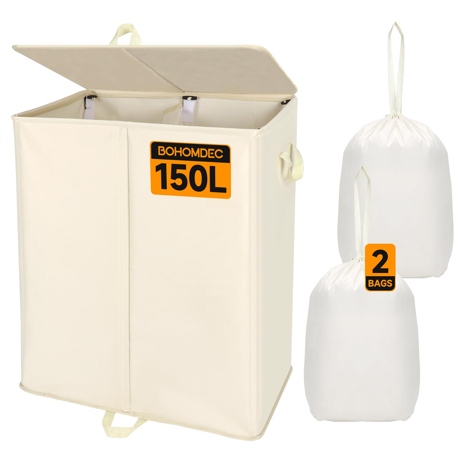 150L Double Laundry Hamper with Lid and Removable Bags