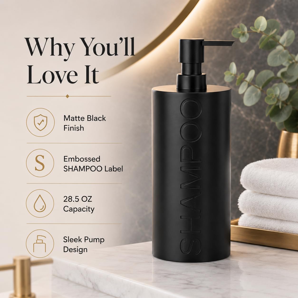 Matte Black Shampoo Dispenser Modern Refillable Pump Bottle with Embossed Text
