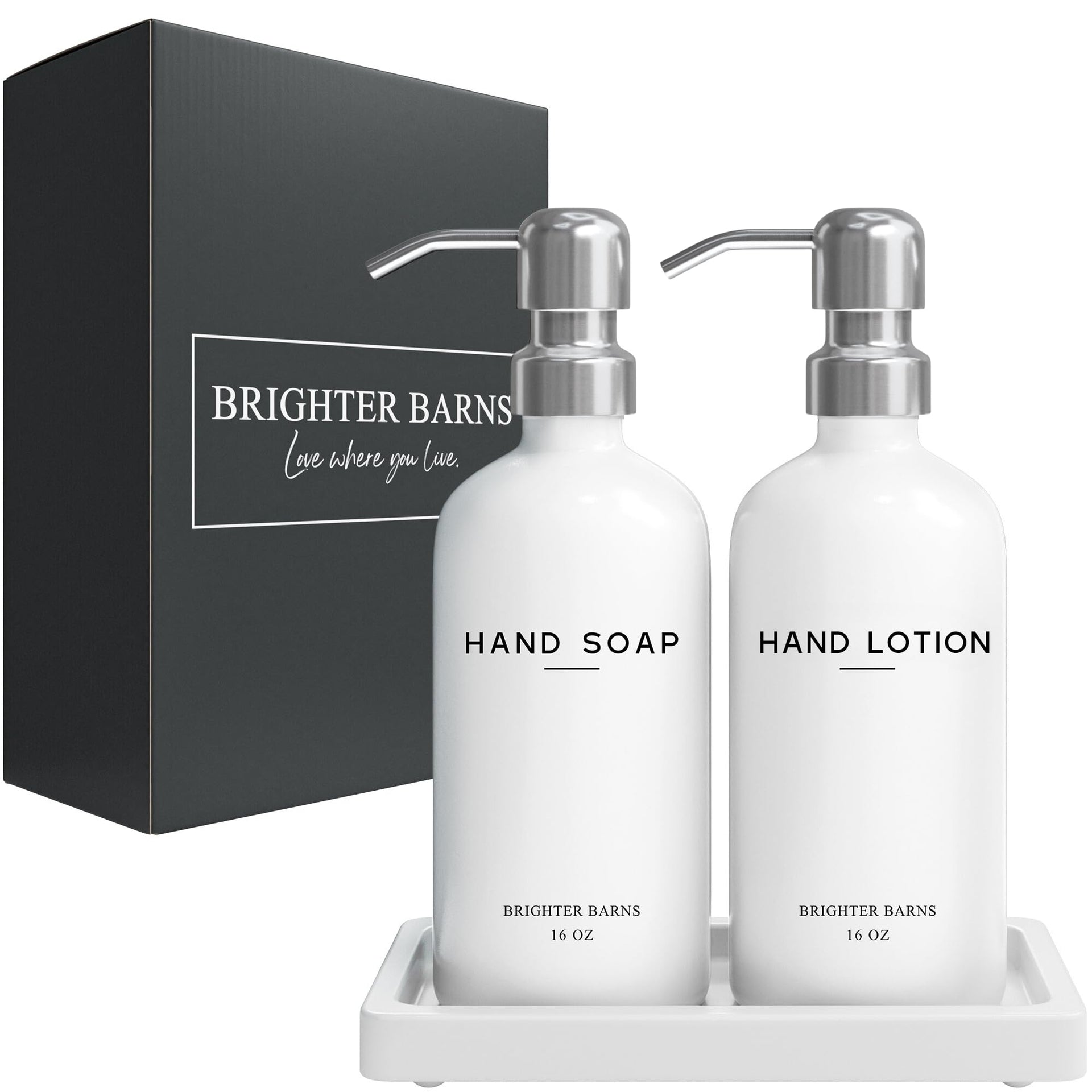 White Glass Soap and Lotion Dispenser Set by Brighter Barns