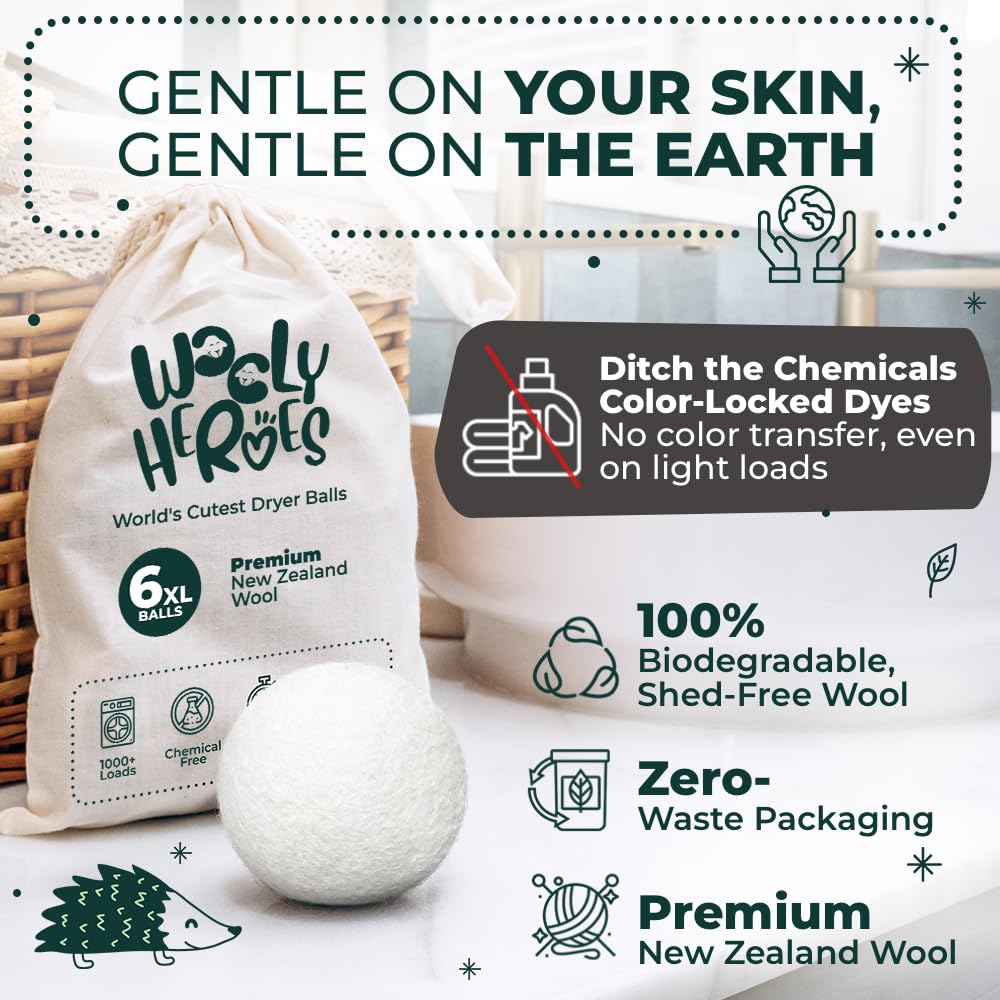 Chemical Free & Baby Safe! Reusable Wool Dryer Balls XL 6 (6 Count)