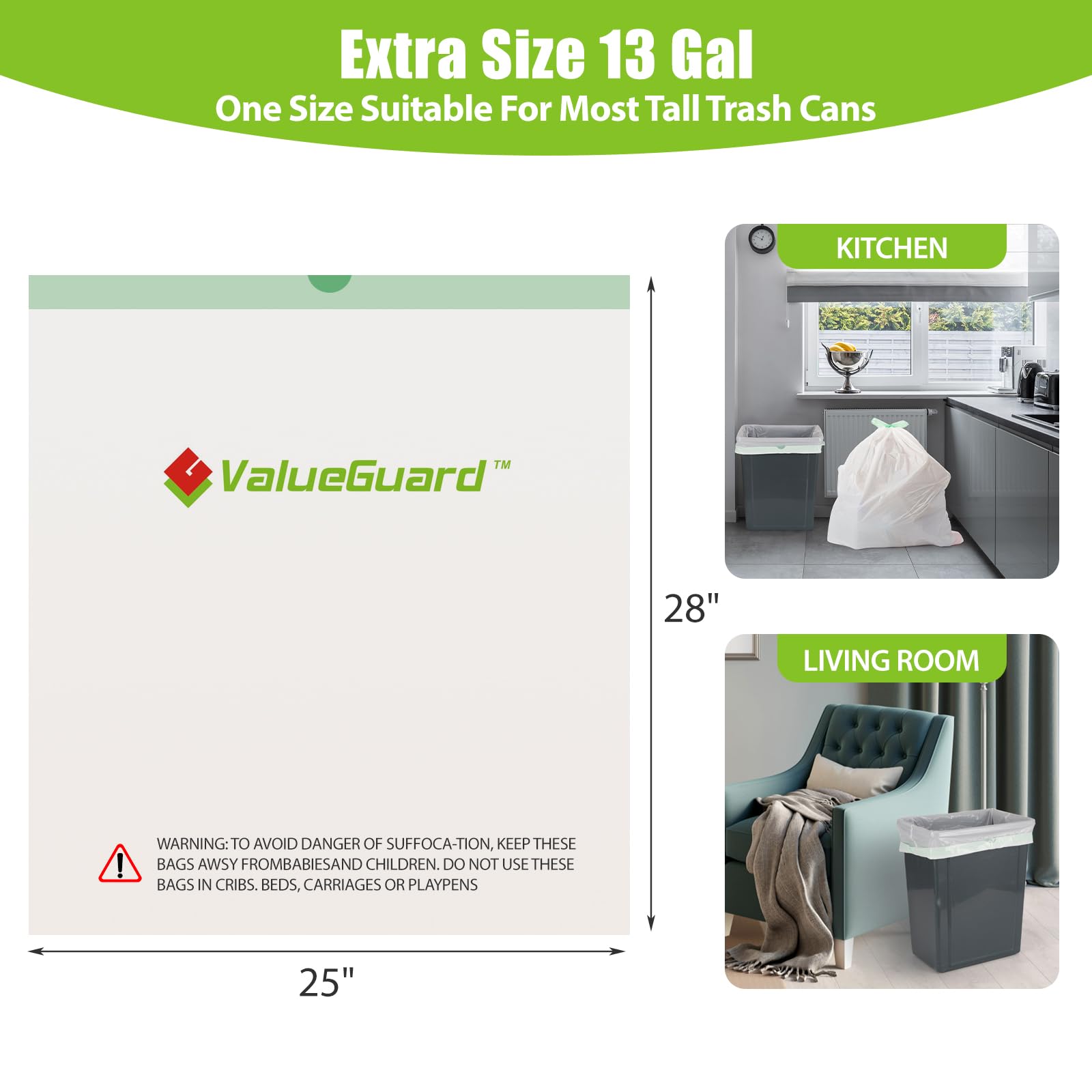 Large Trash Bags 13 Gallon Tall Drawstring 100% Post (300 Count)