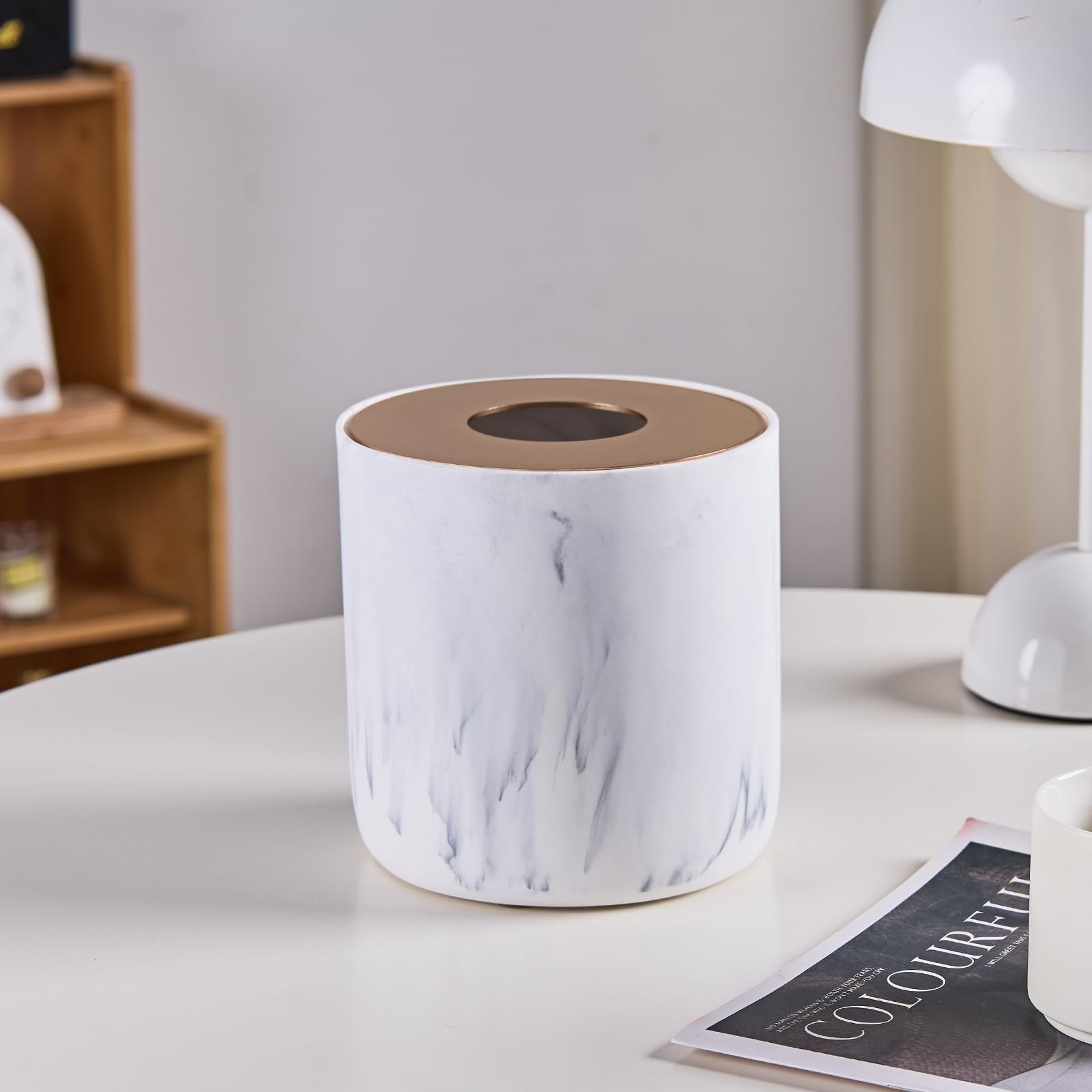 White Marble Textural Mini Trash Can with Rose Gold Stainless Steel Lid