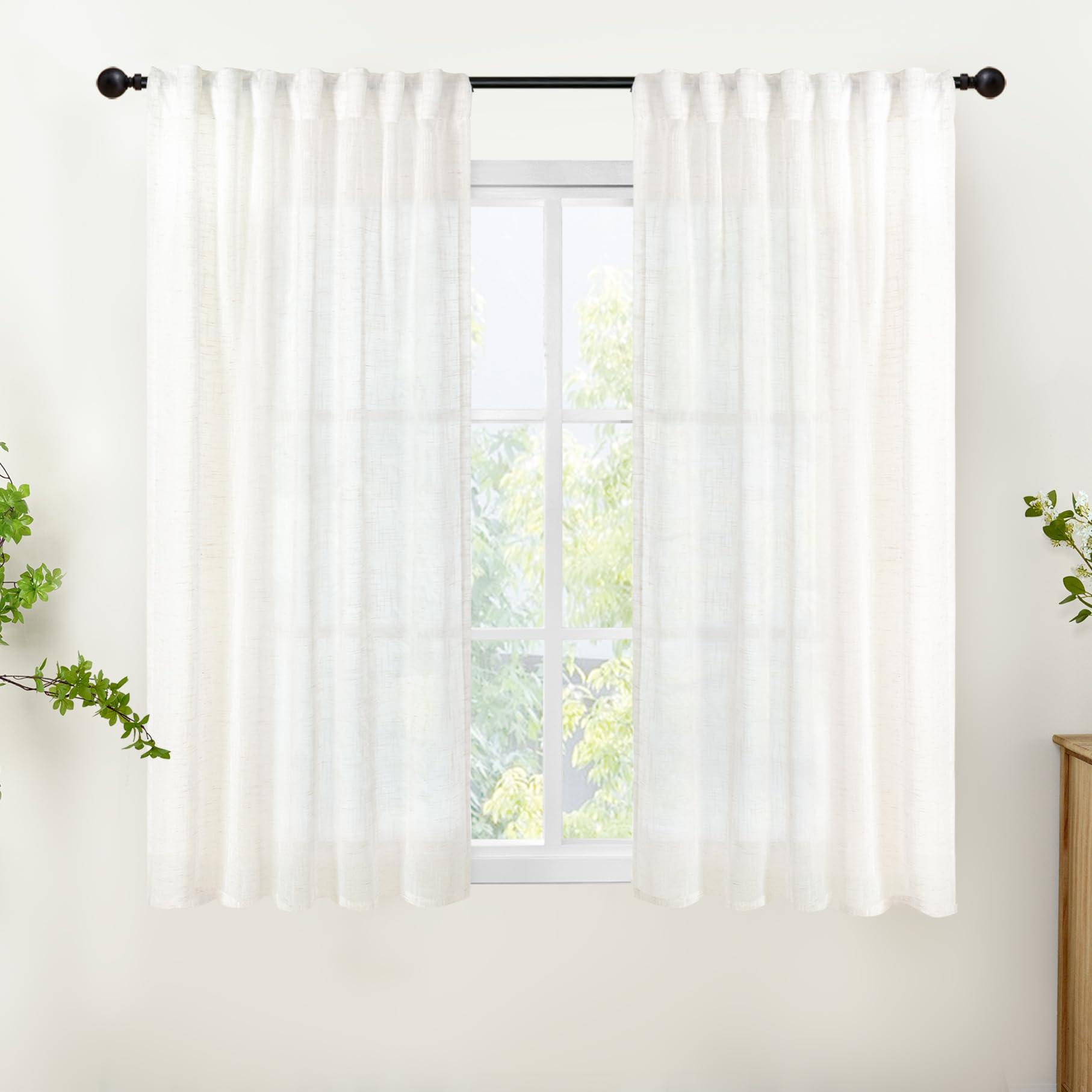 Linen Semi Sheer Curtains 45 Inch Length Rod Pocket (2 Count)
