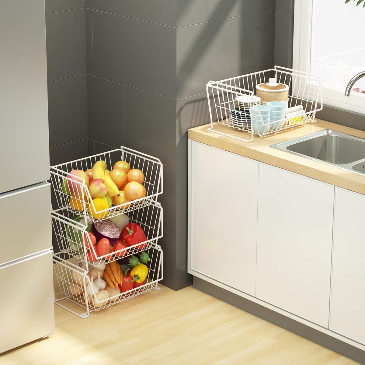 6 Tier Tall Stackable Wire Storage Baskets with Wheels (6 Count)