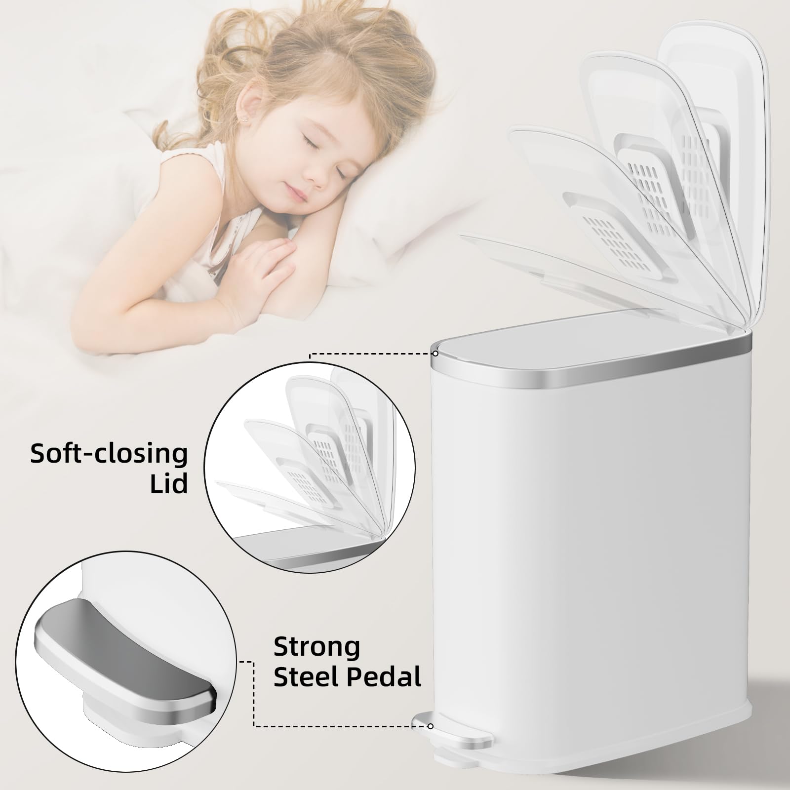 Slim Bathroom Trash Can with Lid Soft Close