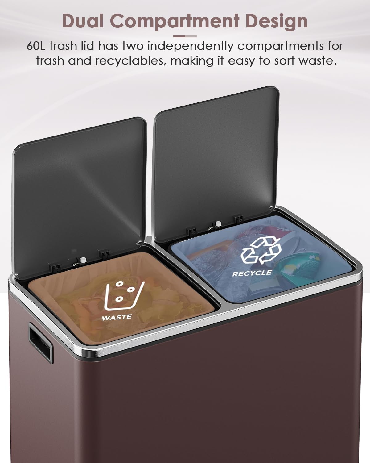 60L(16 Gal) Dual Trash Can, Stainless Steel Kitchen Garbage Can, Double Compartment Classified Rubbish Bin, Recycle Dustbin w/Plastic Inner Buckets, Handle, Soft-Close Lid, Airtight, Brown