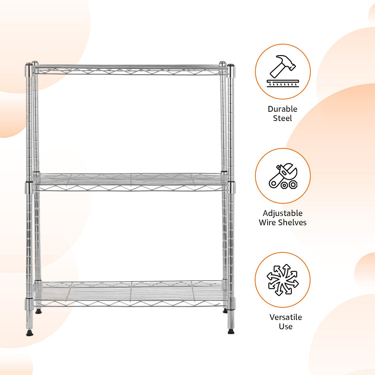 3 Shelf Adjustable Heavy Duty Steel Wire Shelving Rack with Chrome Finish