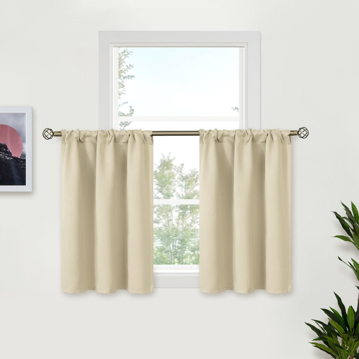 Beige Curtains Kitchen Window Over Sink 36 Inches Length (2 Count)