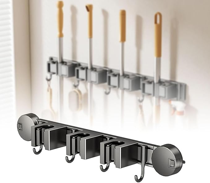 Wall-Mounted Mop and Broom Holder with Aluminum Housing, Rubber Tray and Hooks for Secure Storage of Cleaning Tools for Kitchen, Garage, 43.7cmx5.5cmx7.5cm