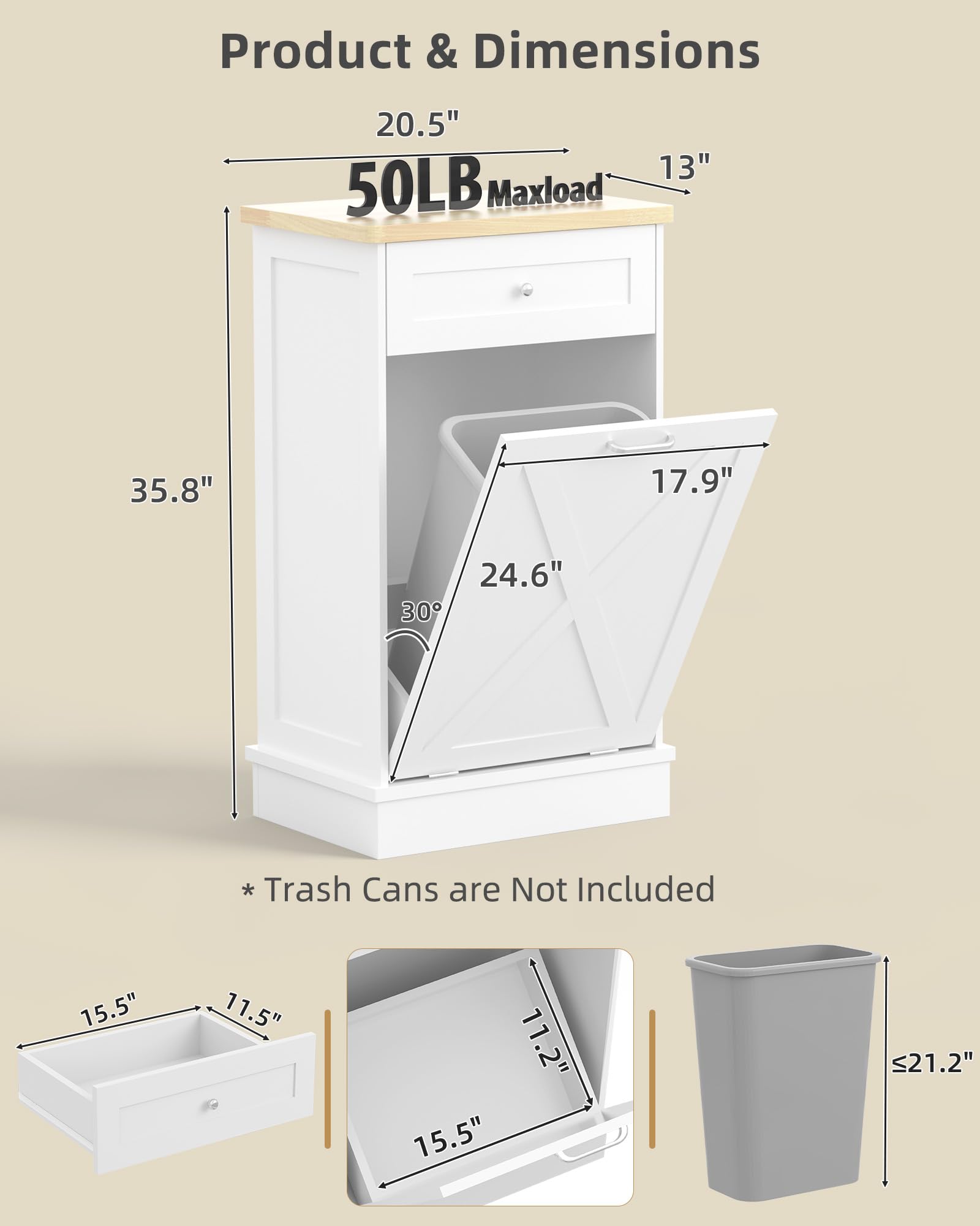 10 Gallon Tilt Out Trash Cabinet with Hideaway Drawer