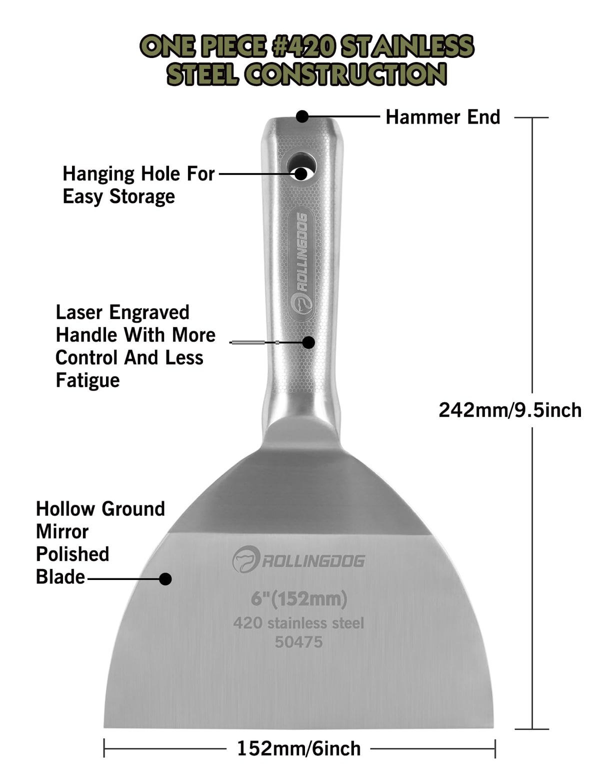6 inch Putty Knife 420 Stainless Steel Spackle Knife