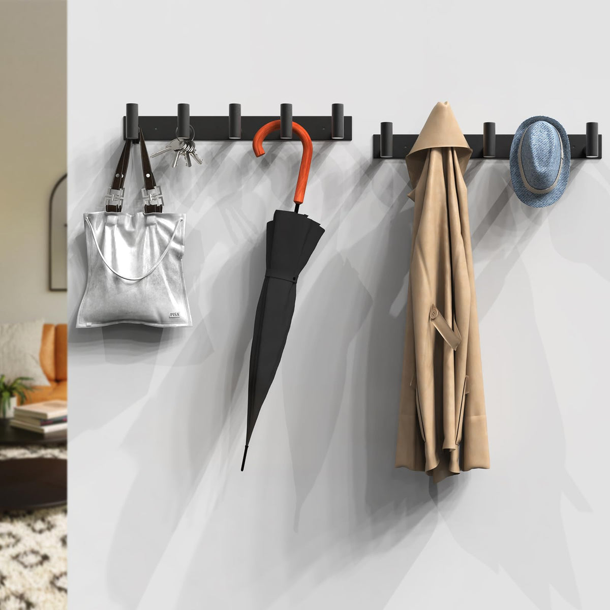 Black Hat and Coat Wall Mount Rack 5 Hooks for Robes