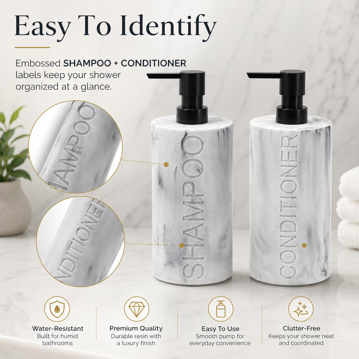 Marble Resin 2 Piece Shampoo and Conditioner Dispenser Set