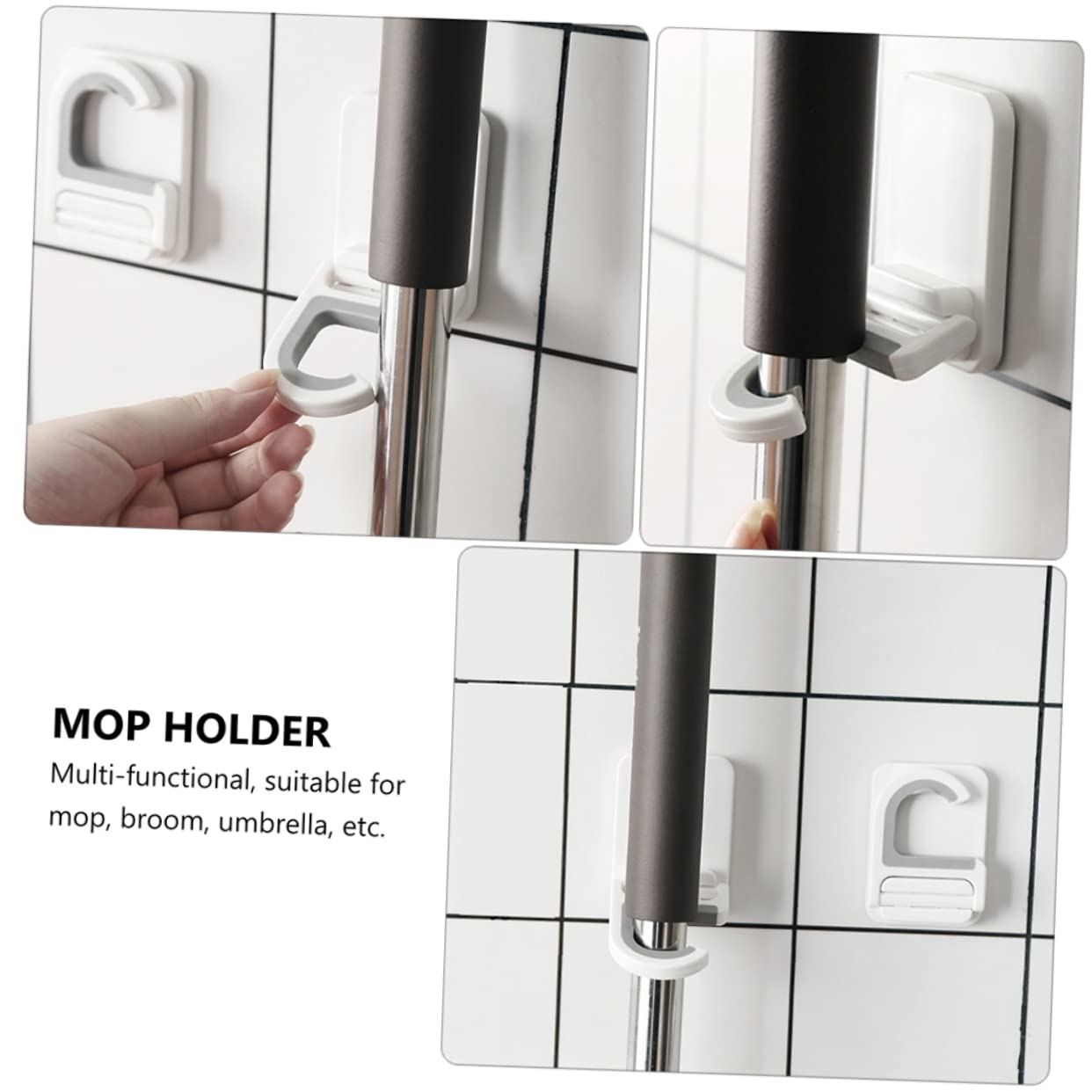 3pcs Punch Wall Mounted Mop Holder Clips Heavy Duty Adhesive Broom and Umbrella Organizer for Kitchen Bathroom Laundry Hanging Hooks