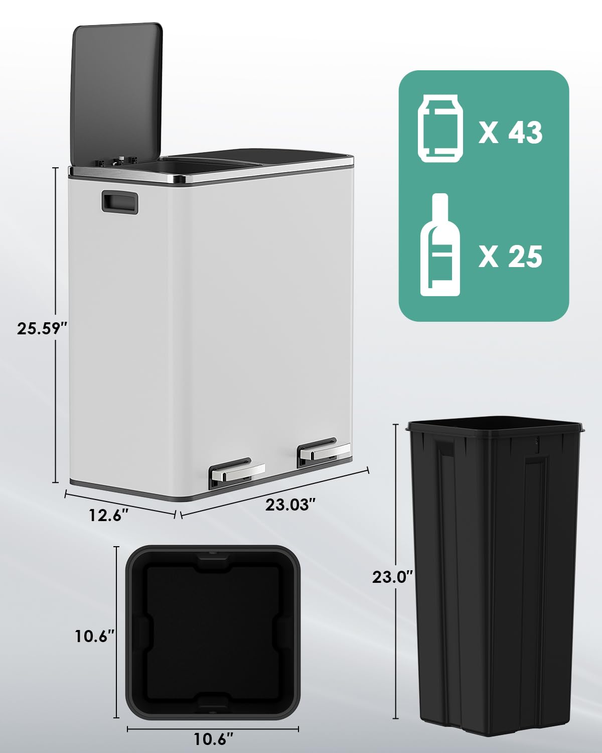 60L(16 Gal) Dual Trash Can, Stainless Steel Kitchen Garbage Can