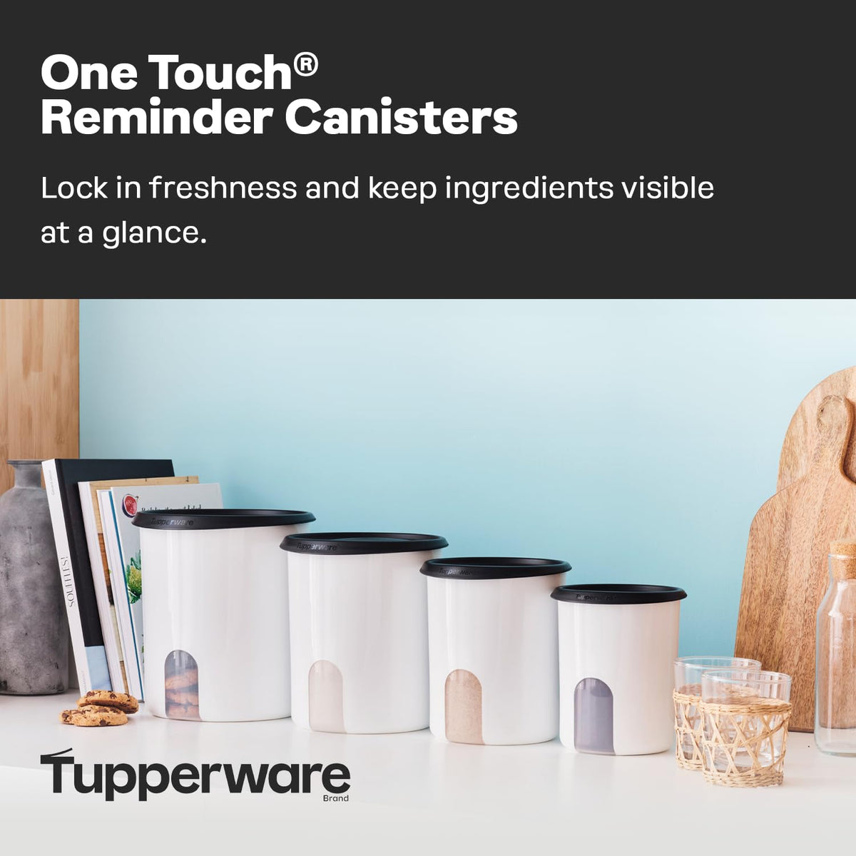 One Touch Reminder Canisters 4 Canister Food Storage Set in White & Black