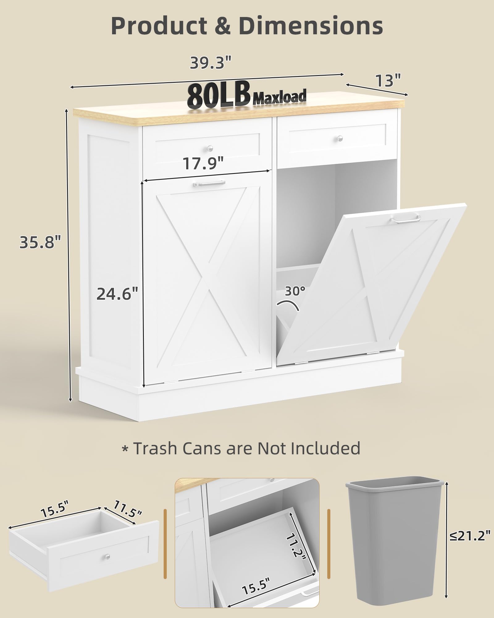 2x10 Gallon Tilt Out Trash Cabinet with Hideaway Drawers