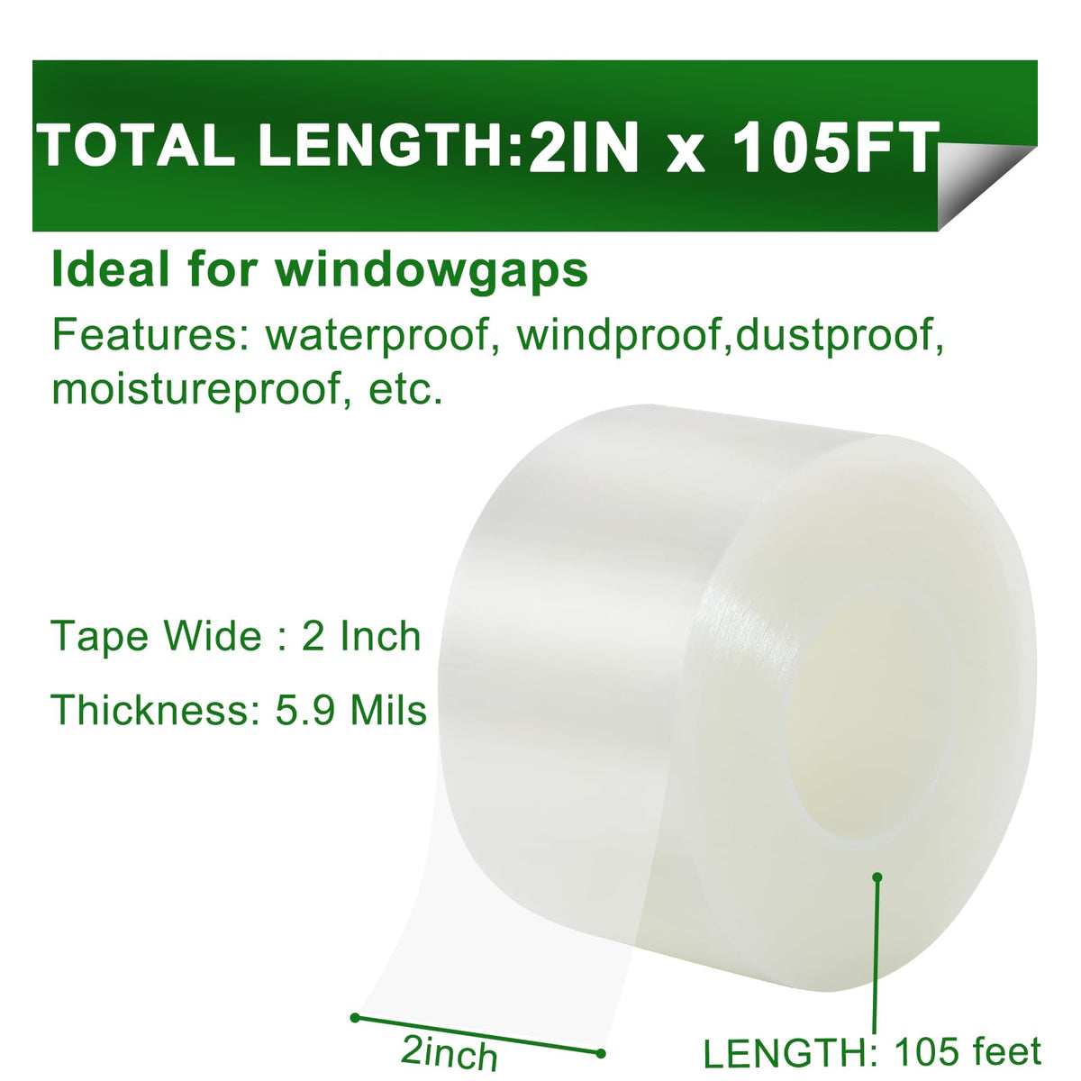 Transparent Window Weather Sealing Tape 2 in x 35 Yards Weather Stripping Residue Free Clear Window Draft Isolation Sealing Film Tape for Windows and Doors Gaps