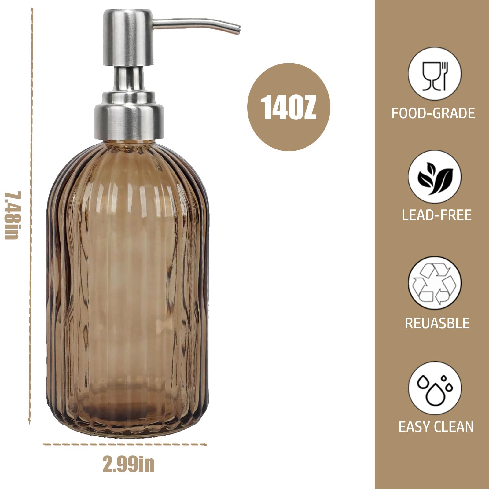 14Oz Brown Glass Soap Dispenser Bathroom