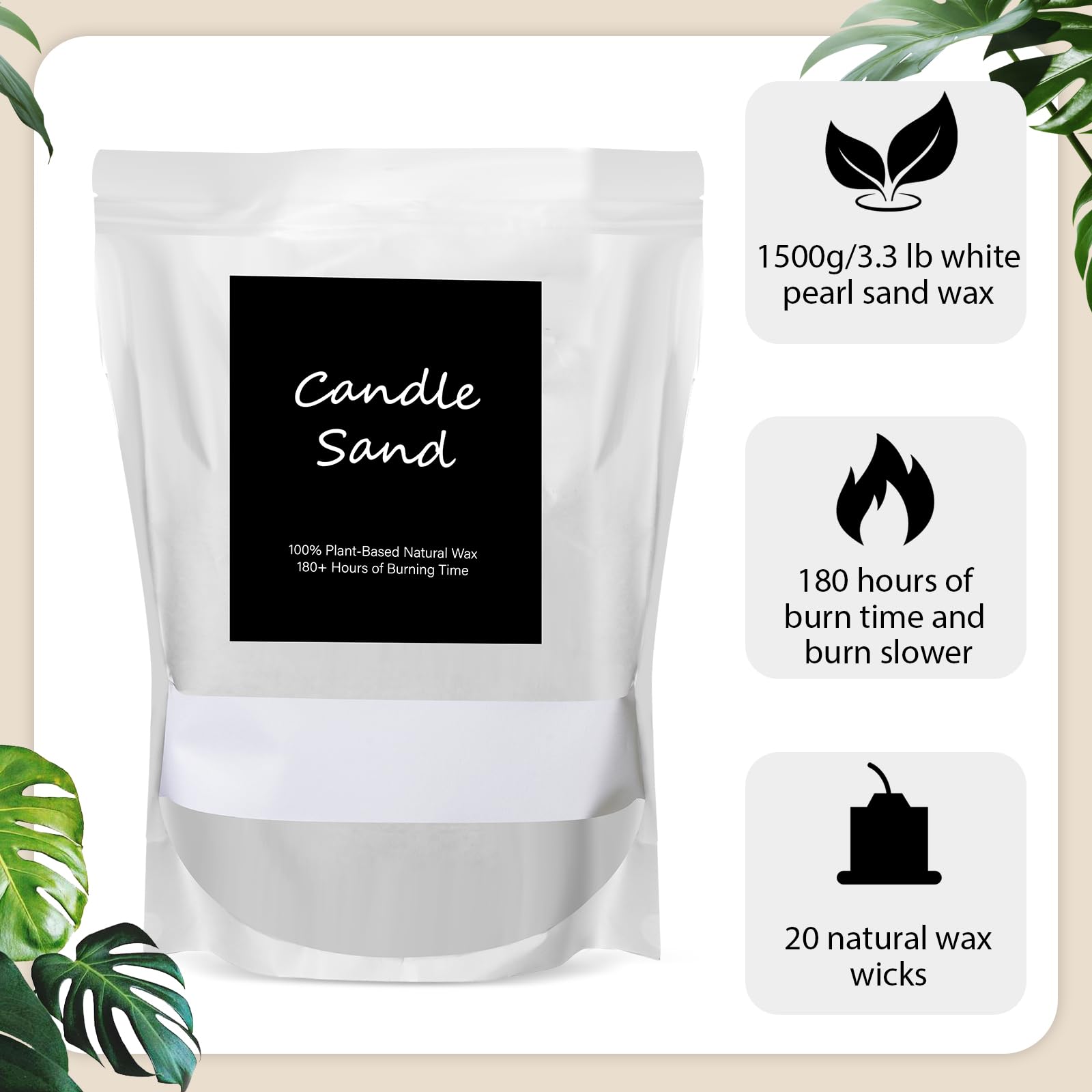 Candle Sand 3.3 lb DIY Pearled Candle Making Kit Included 20 Pcs Wicks and Refillable Beaded Wax Sand Beaded Wax Gift with Wicks Self Extinguish for Home Wedding Party Women (21 Count)