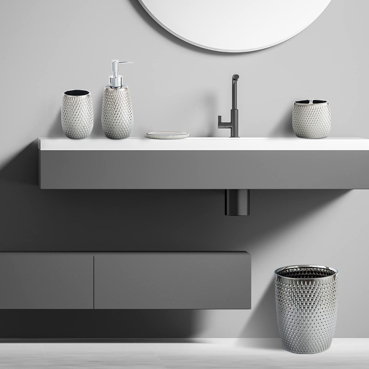Modern Round Silver Small Trash Can Wastebasket