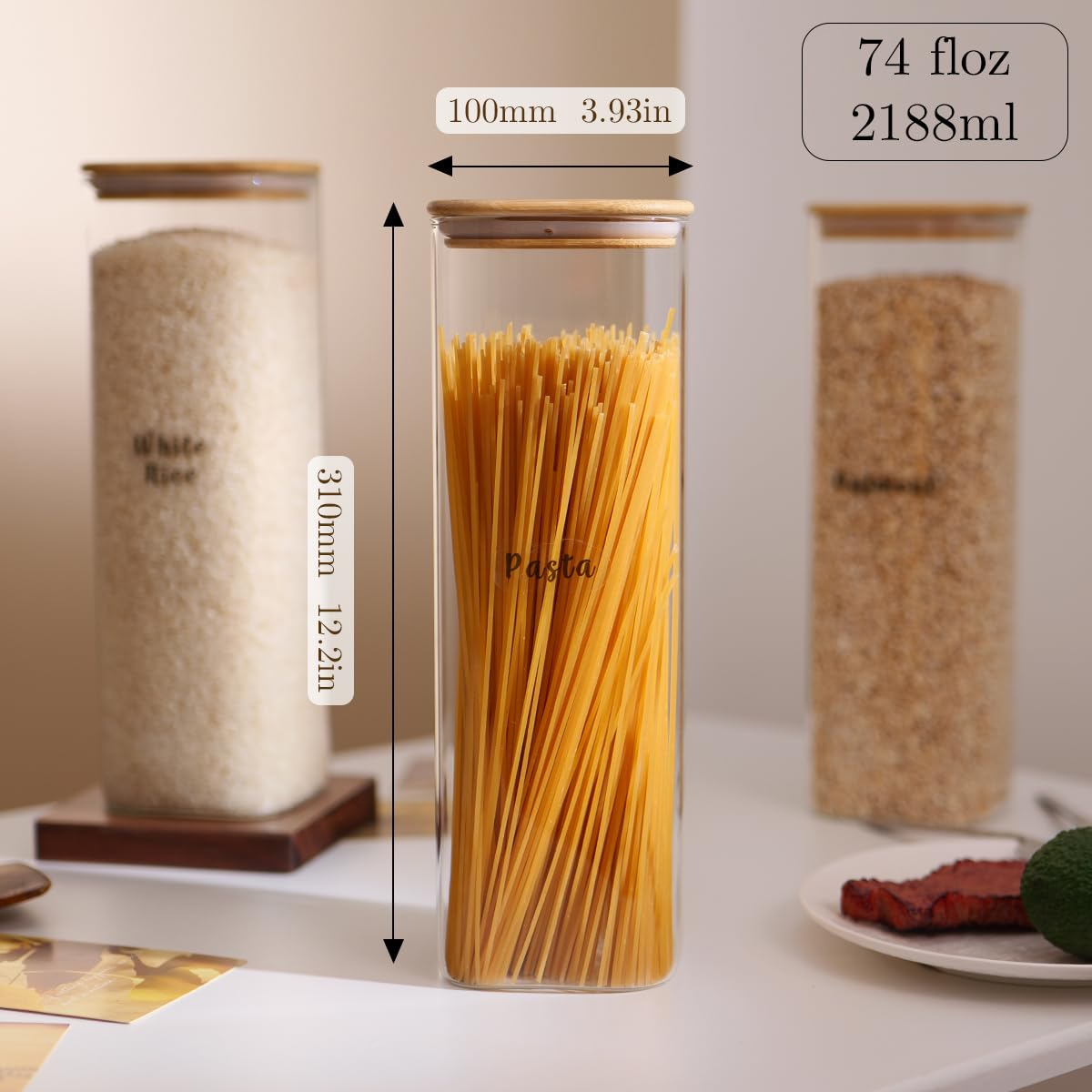 3 Pcs Square Glass Pantry Storage Containers with Bamboo Airtight Lid and 248 Clear Pantry Labels Preprinted