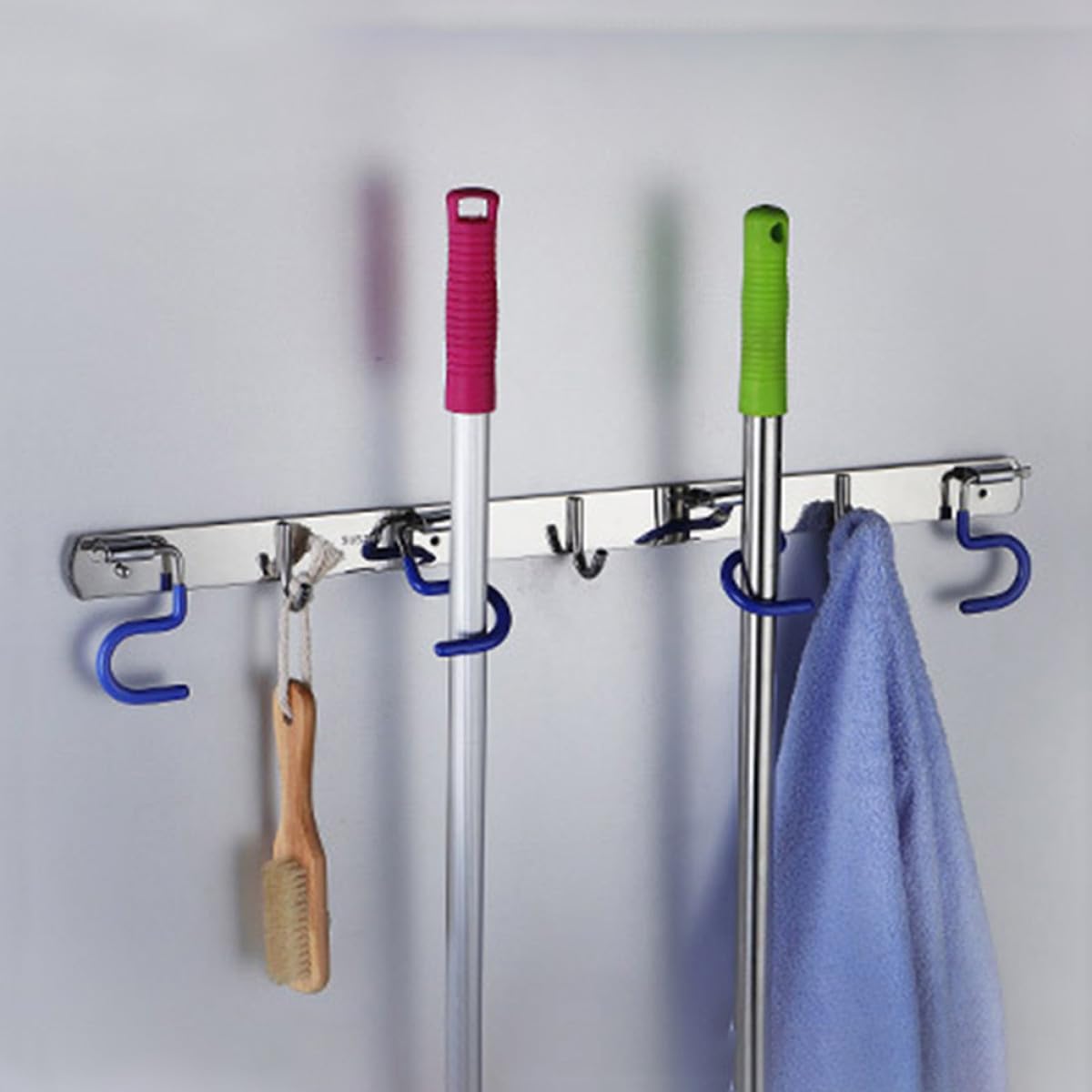 304 Stainless Steel Mop and Broom Holder Wall Mounted Rack with 2 Mop Grippers and 1 Hook