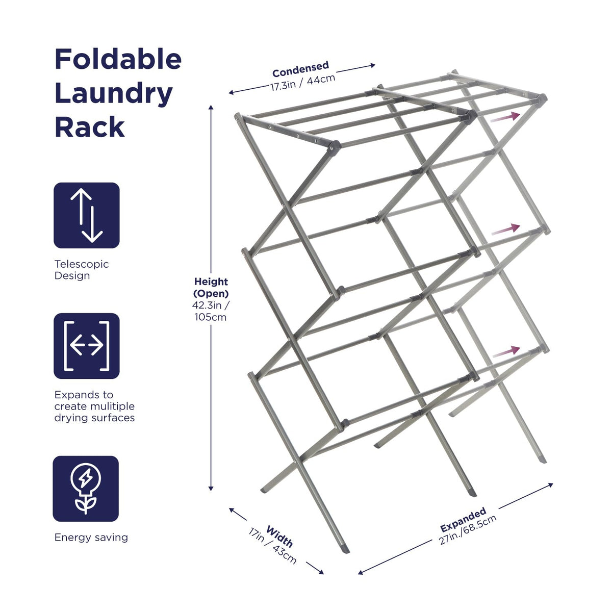 3 Tier Expandable Collapsing Foldable Laundry Rack for Air Drying Clothing