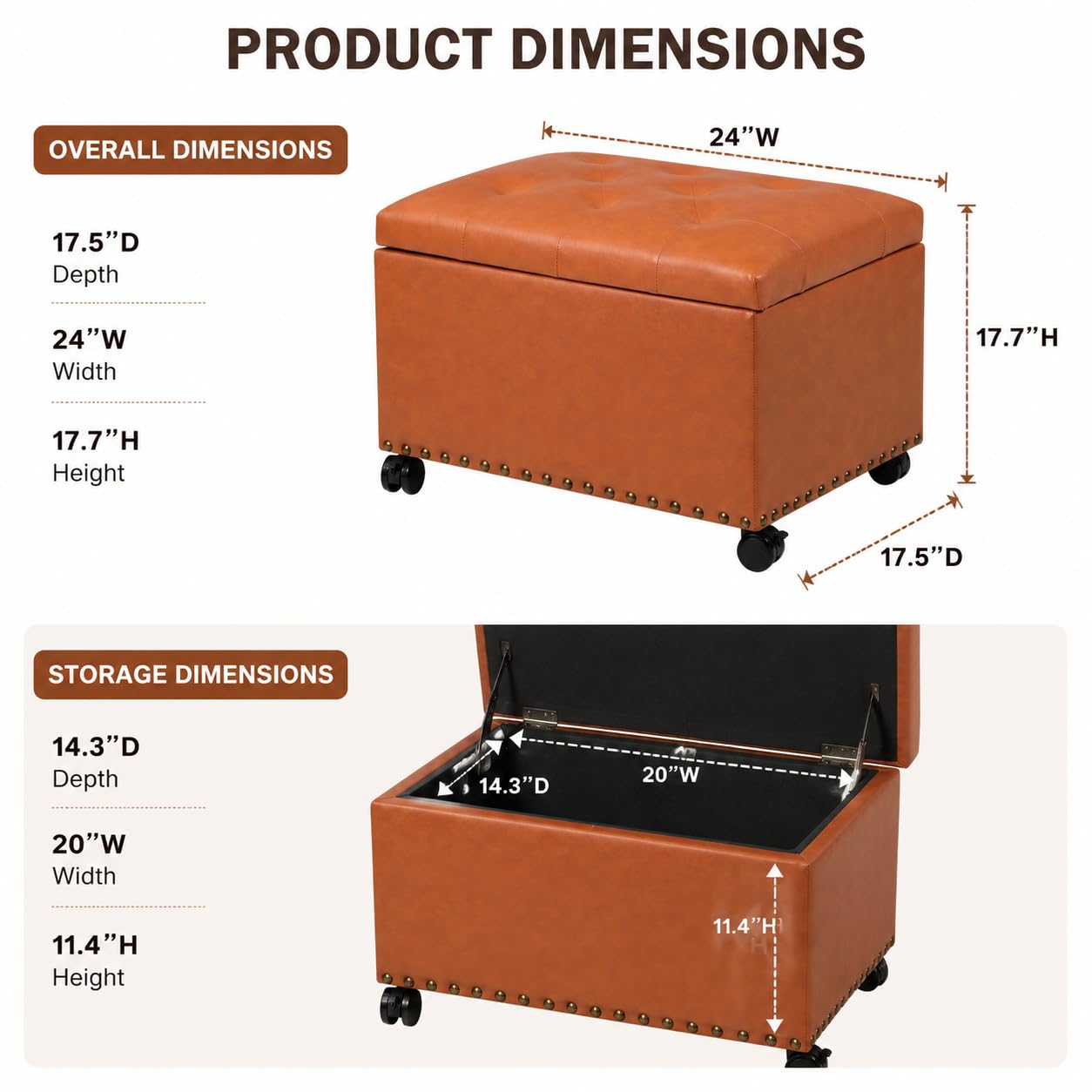 PU Leather Rolling Storage Ottoman