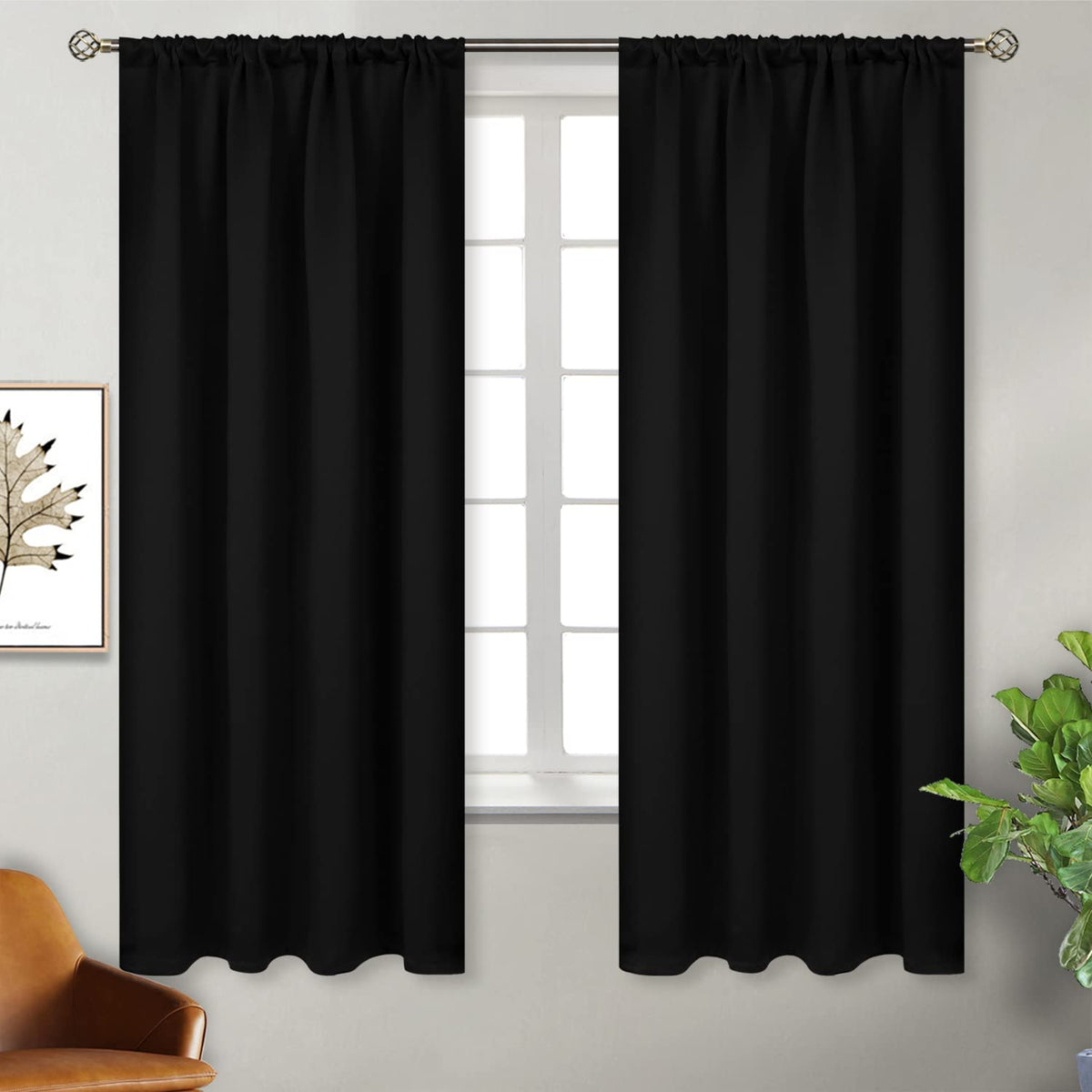 Rod Pocket Blackout Curtains 63 Inch Length for Bedroom 2 Panels