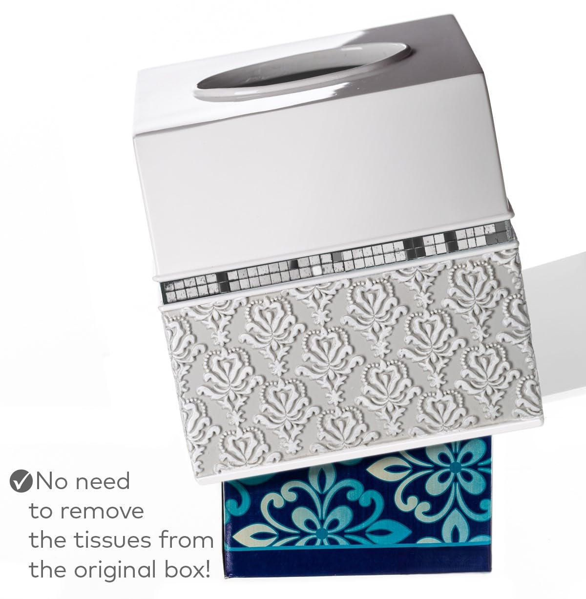 Mirror Damask White & Gray Square Resin Tissue Box Cover with Bottom Slider
