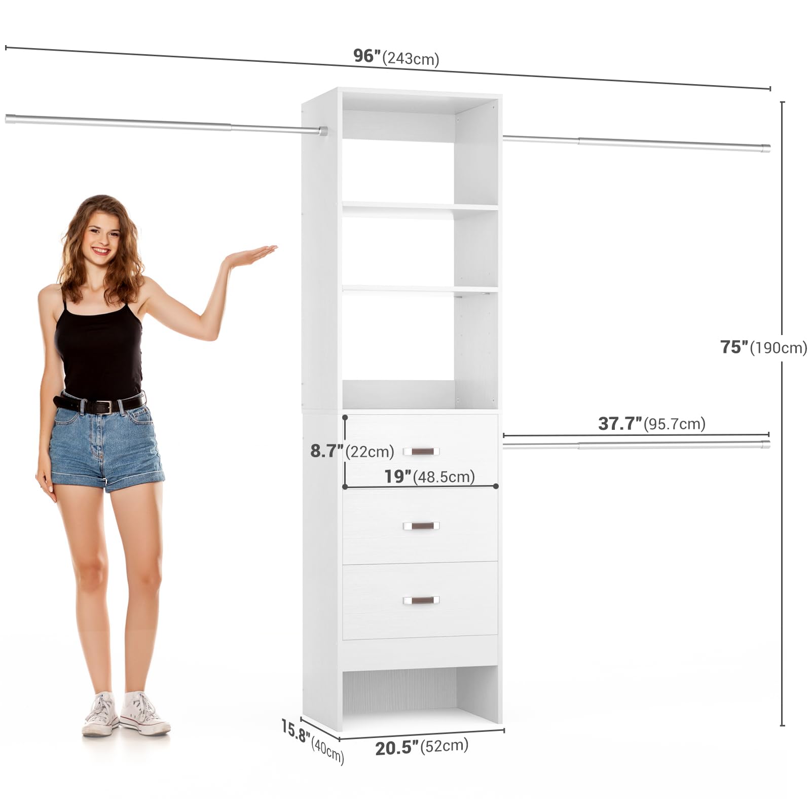 96'' Closet Organizer System with 3 Hanging Rods