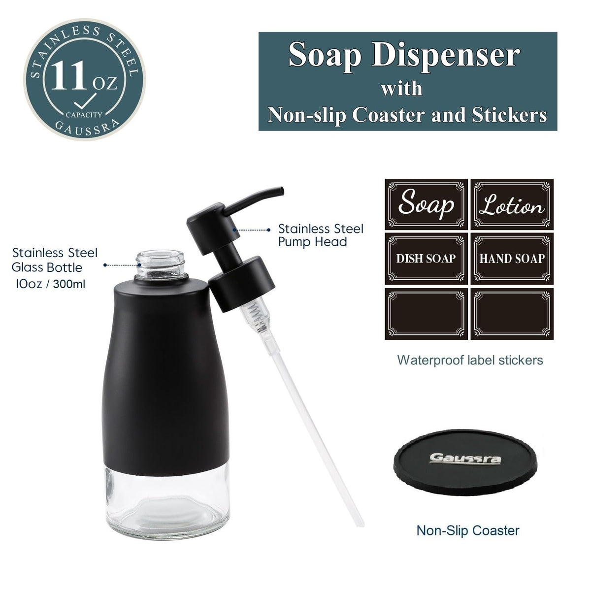 Black Soap Dispenser with Coaster and Stickers