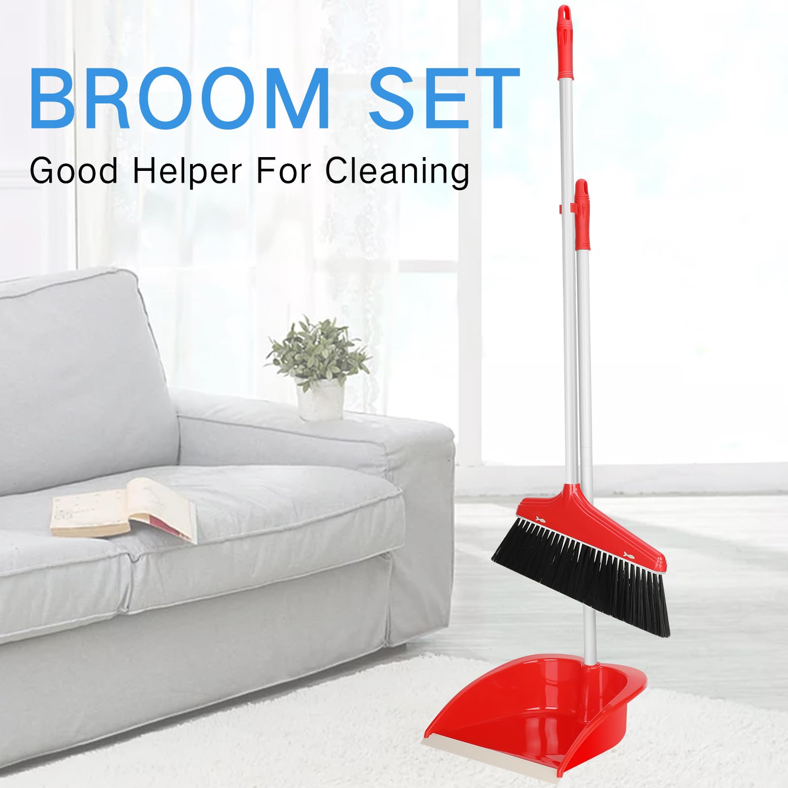 Set of 8 Broom and Dustpan Set Long Handle Broom with Upright Standing Dustpan Broom with Dustpan Combo Set Dust Pan with Long Handle for Lobby Kitchen Office Floor Outdoor Cleaning