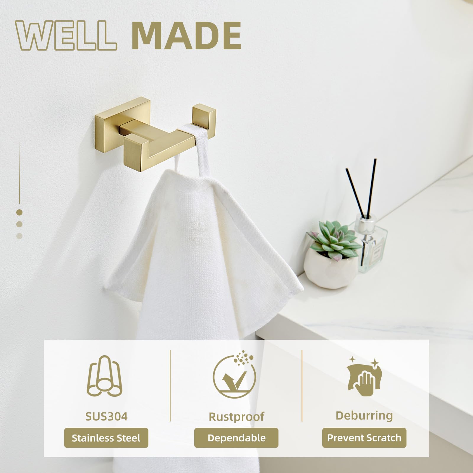 Double Towel Hook Brushed Gold